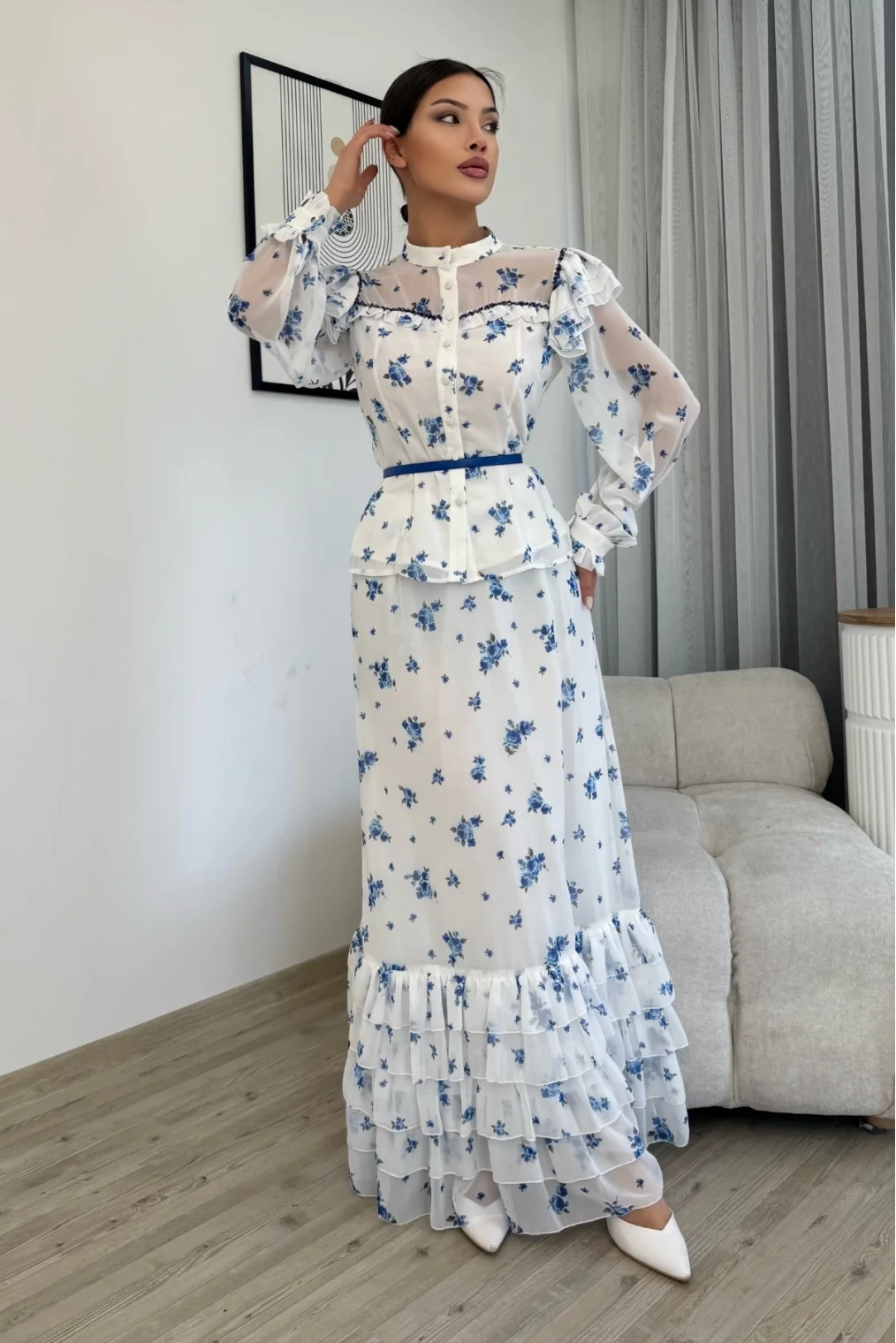 Çiçek Desenli Bluz ve Etek İkili Takım 4707-Beyaz/Mavi