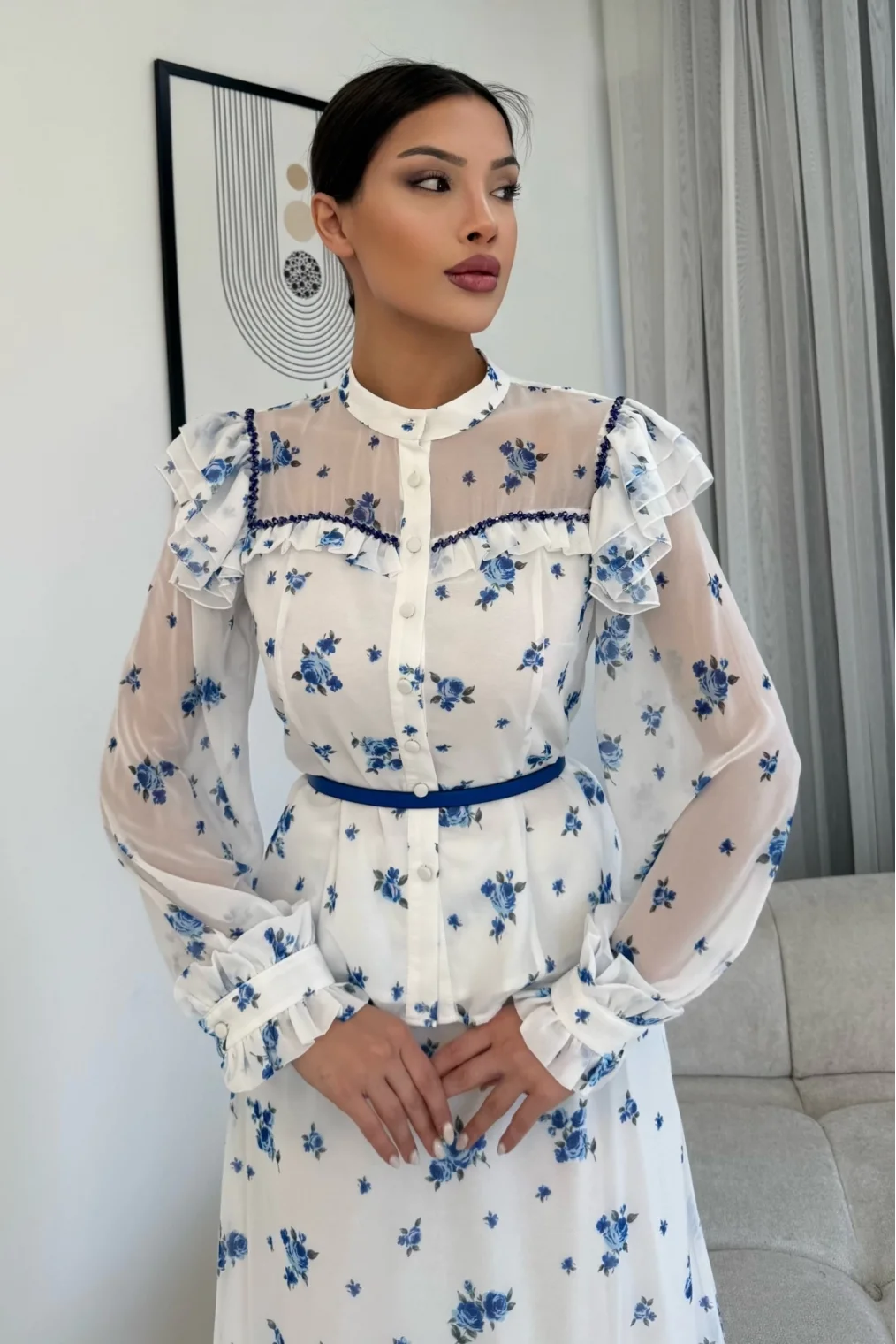 Çiçek Desenli Bluz ve Etek İkili Takım 4707-Beyaz/Mavi