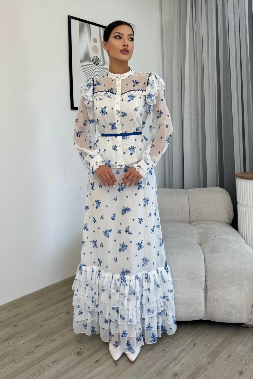 Çiçek Desenli Bluz ve Etek İkili Takım 4707-Beyaz/Mavi