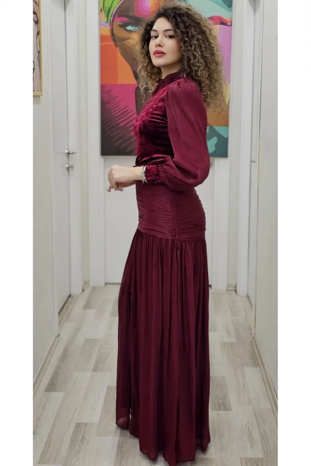 Çiçek Detaylı Çıkarılabilir Etekli Kadife Abiye 2752-Bordo