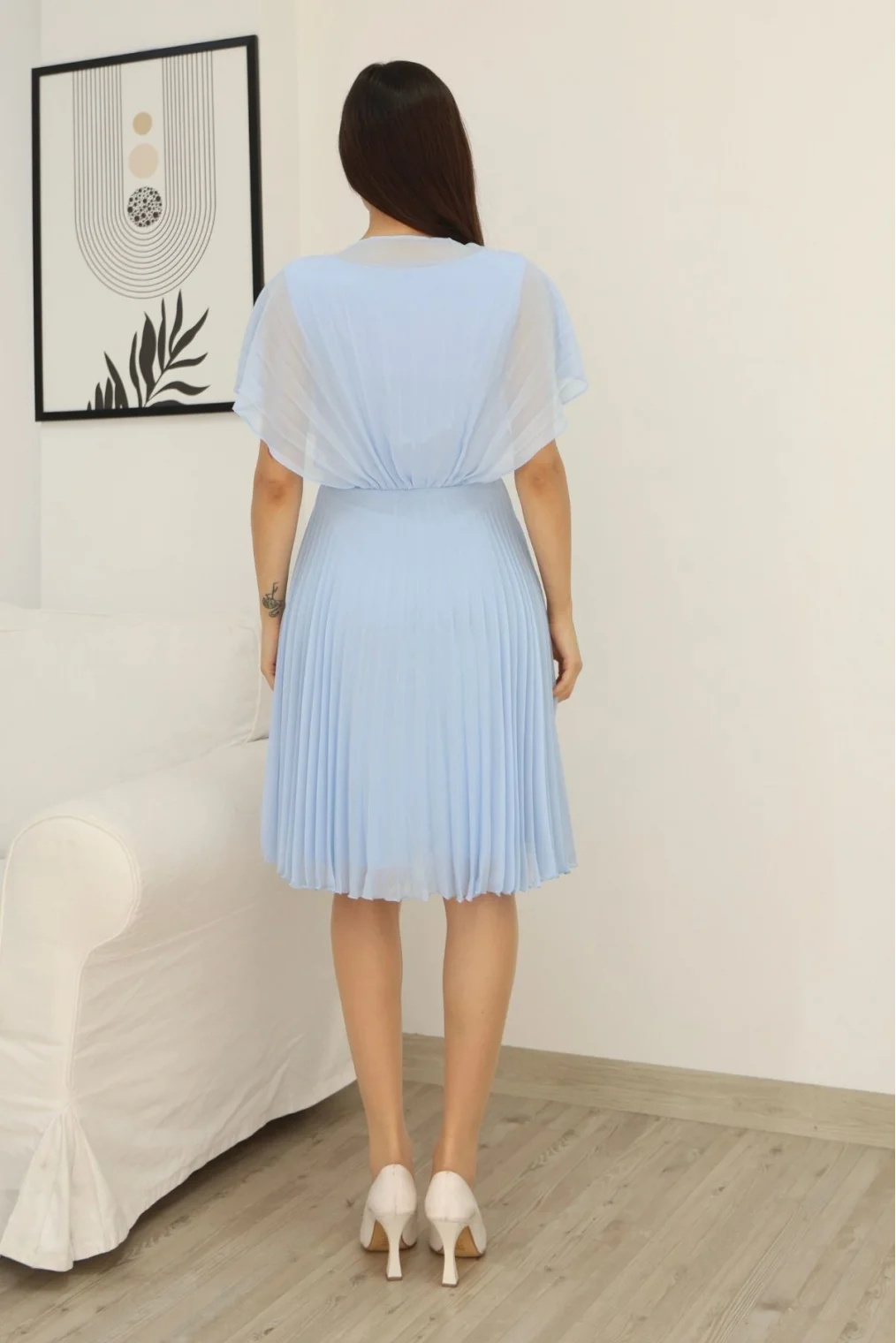 Çiçek Detaylı Piliseli Elbise 2378-Bebe Mavisi