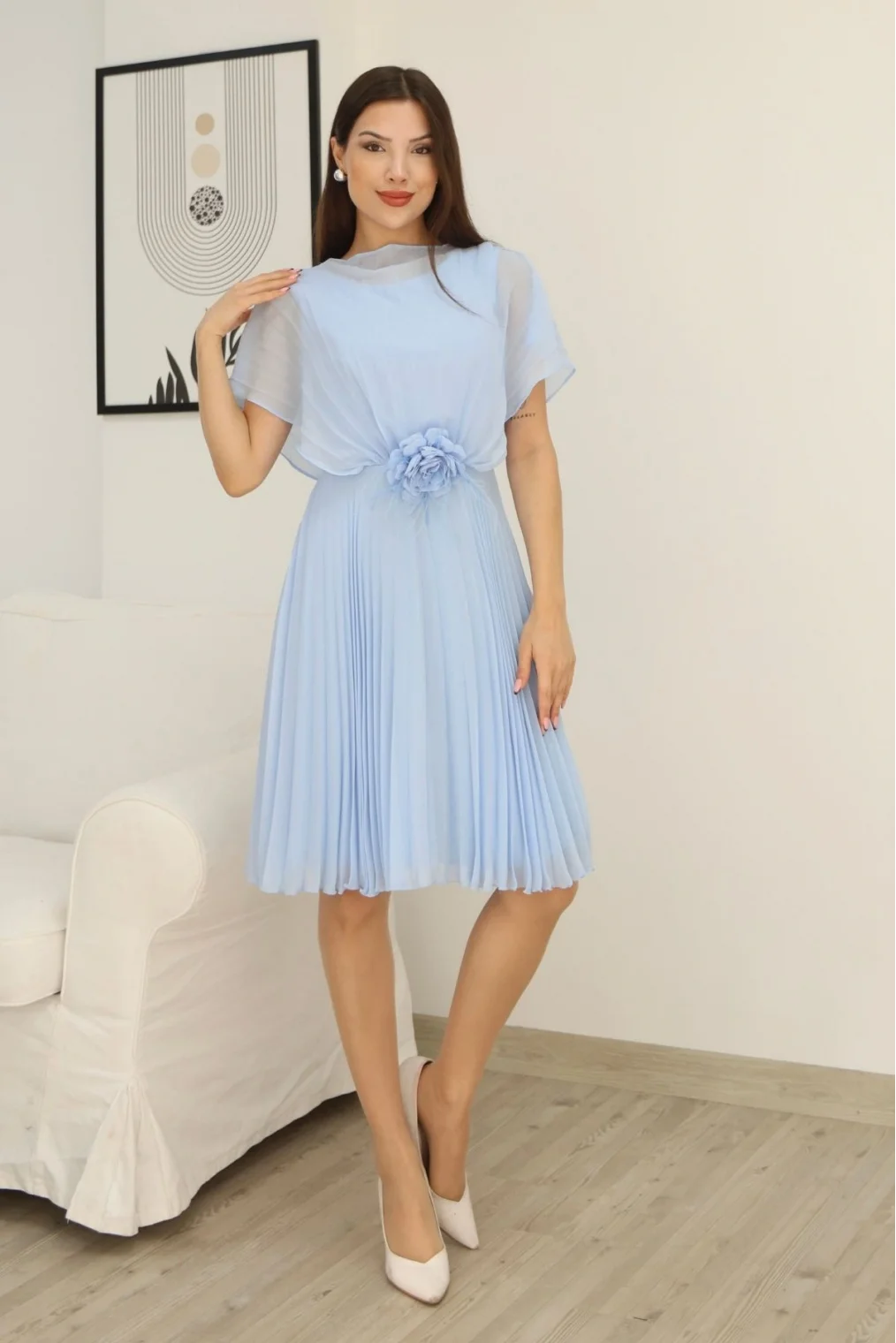 Çiçek Detaylı Piliseli Elbise 2378-Bebe Mavisi