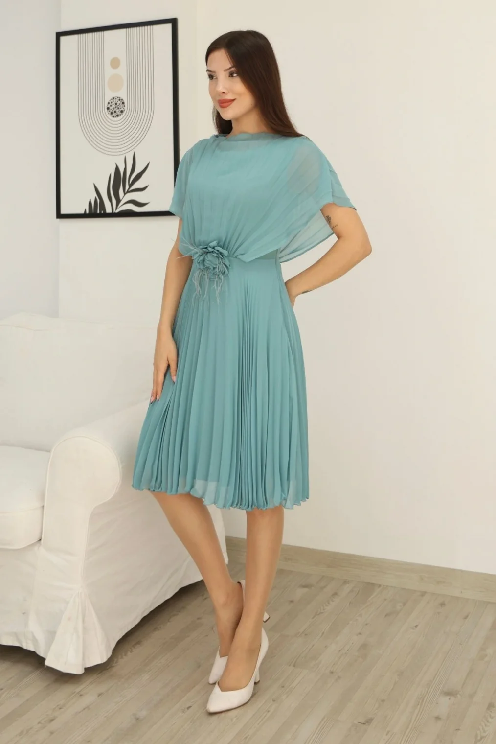 Çiçek Detaylı Piliseli Elbise 2378-Çağla Yeşili