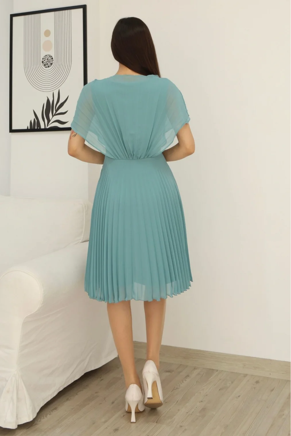 Çiçek Detaylı Piliseli Elbise 2378-Çağla Yeşili