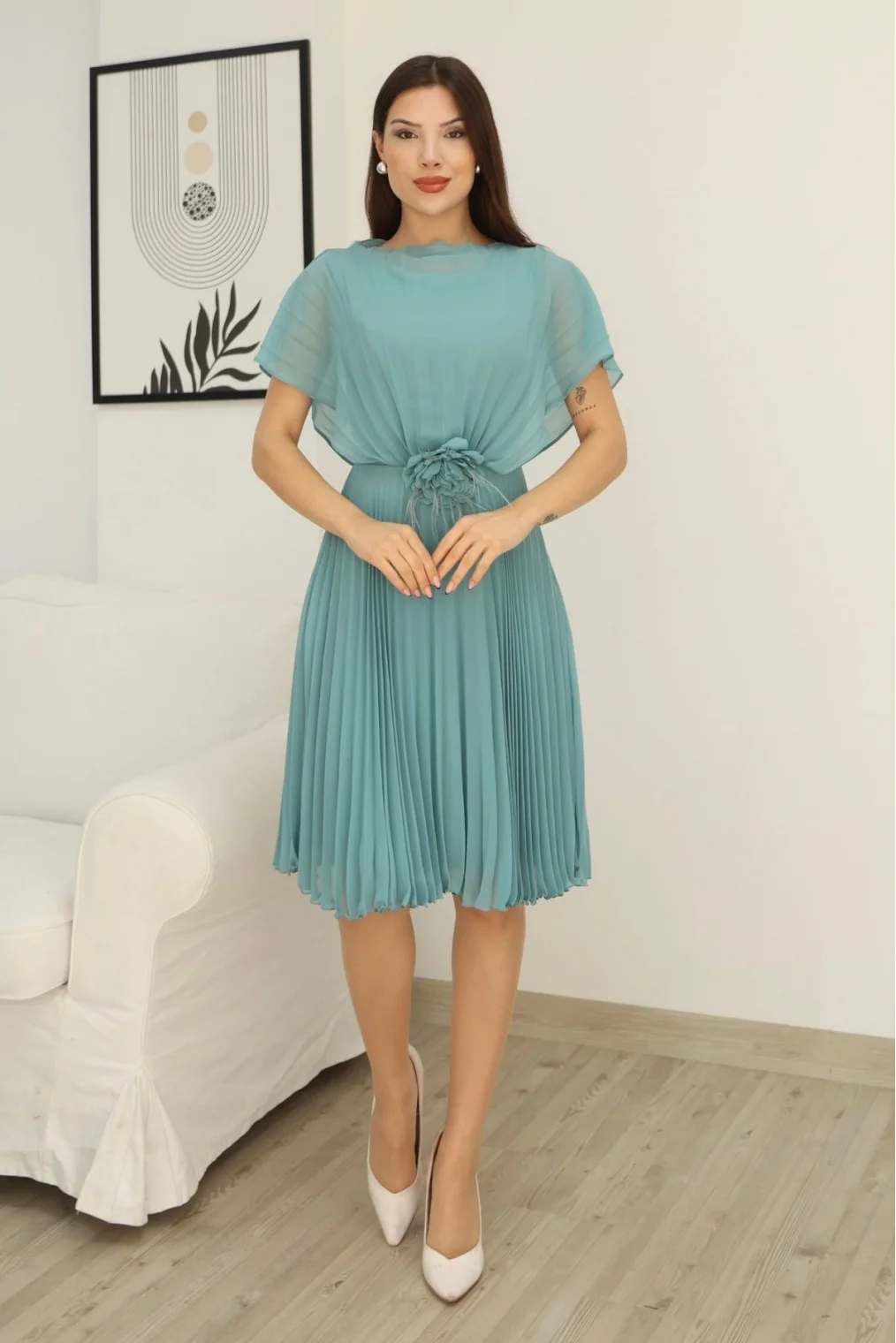 Çiçek Detaylı Piliseli Elbise 2378-Çağla Yeşili