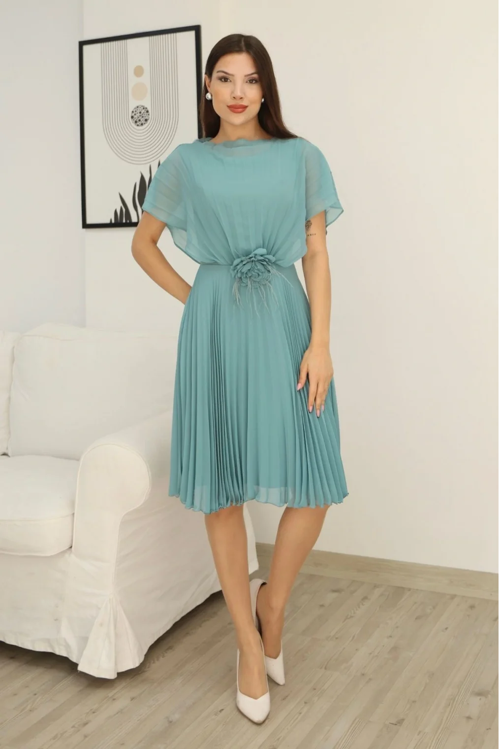 Çiçek Detaylı Piliseli Elbise 2378-Çağla Yeşili