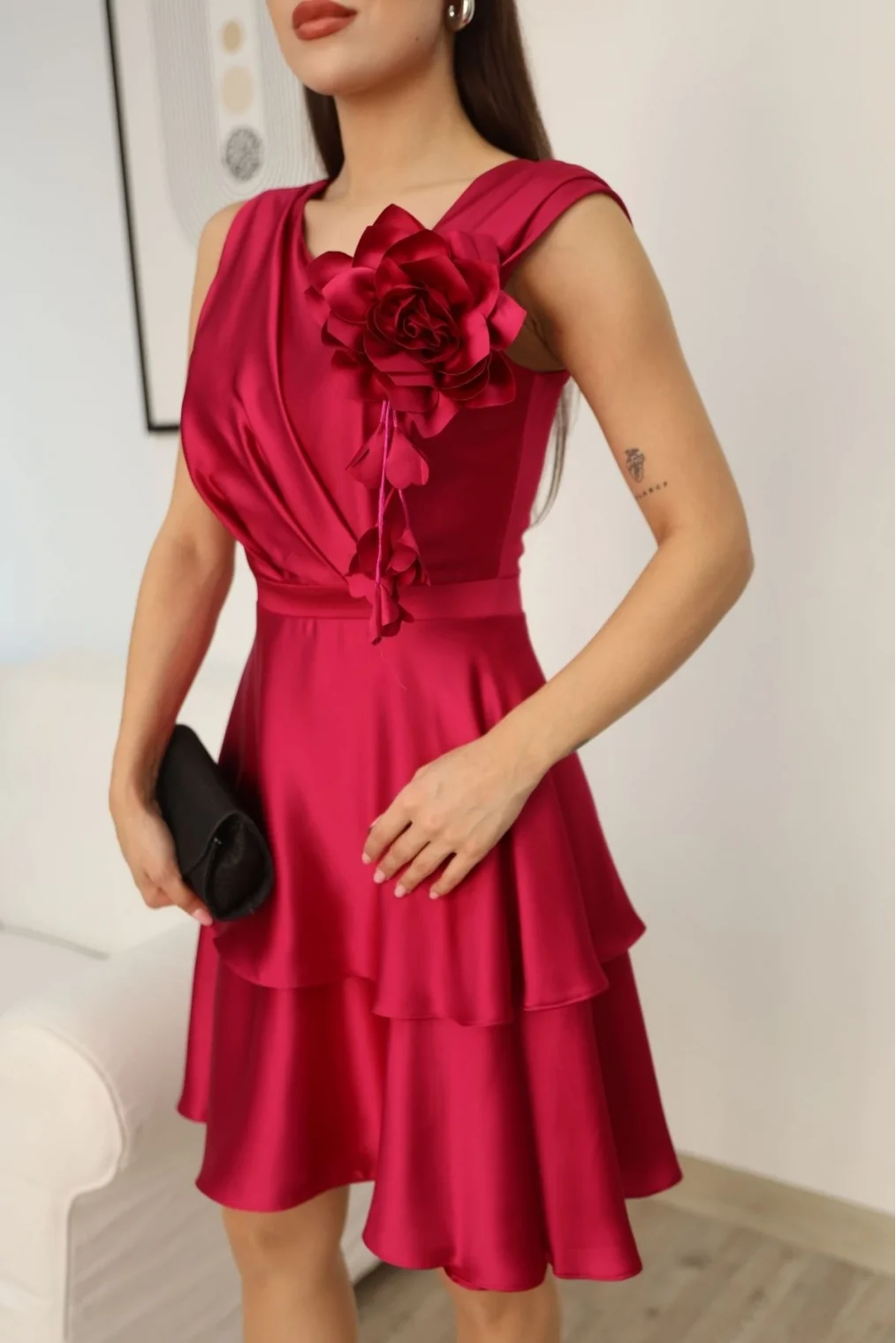 Çiçek Detaylı Saten Elbise 2371-Fuşya