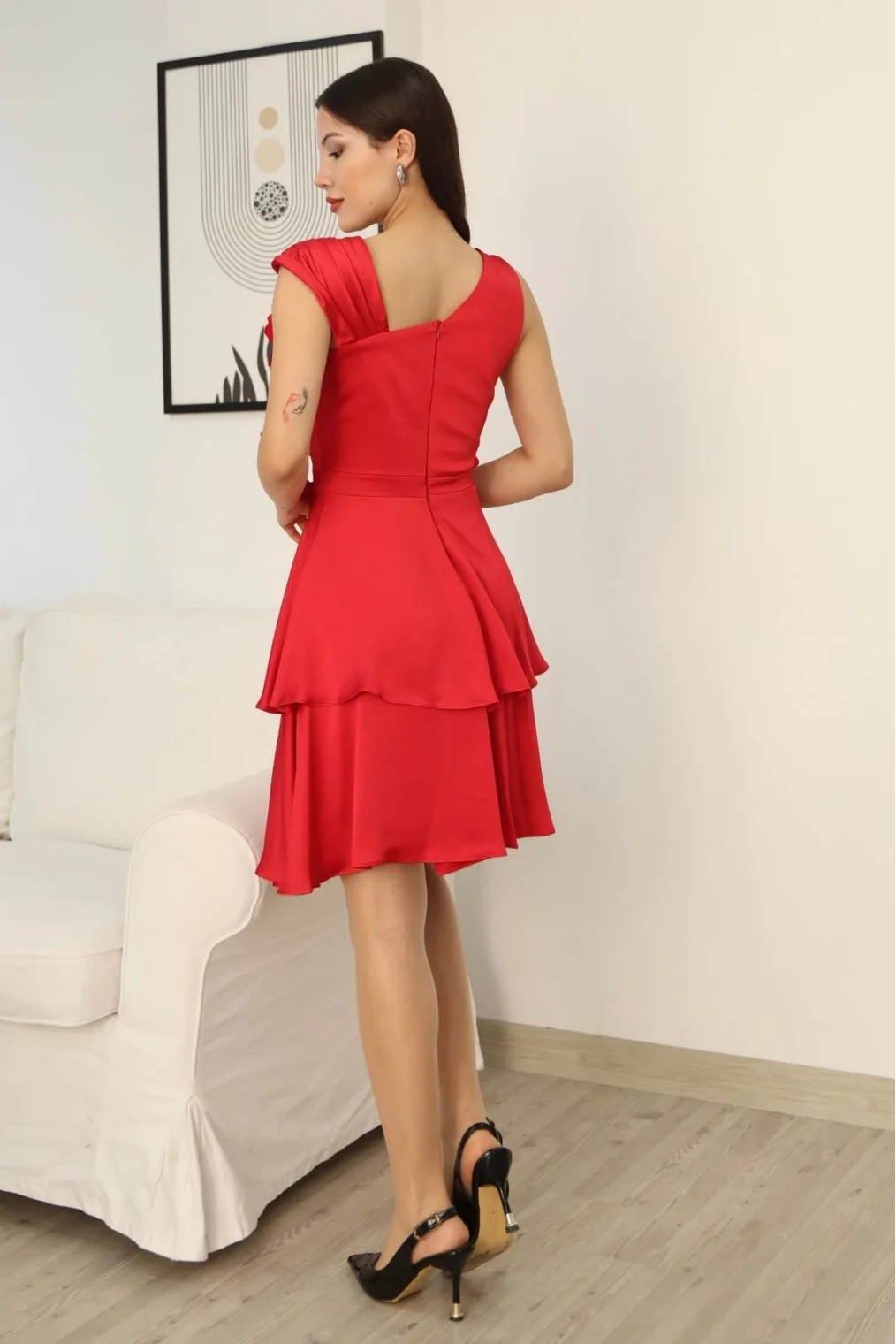 Çiçek Detaylı Saten Elbise 2371-Kırmızı