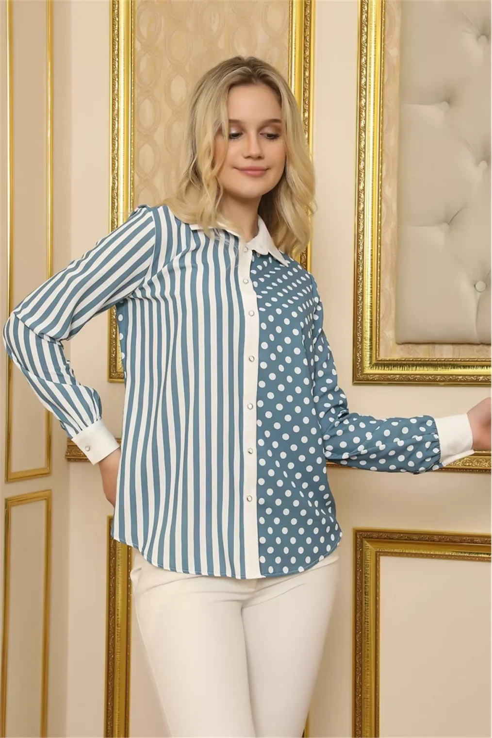 Çizgi Ve Puan Kombin Bluz 2001-İndigo