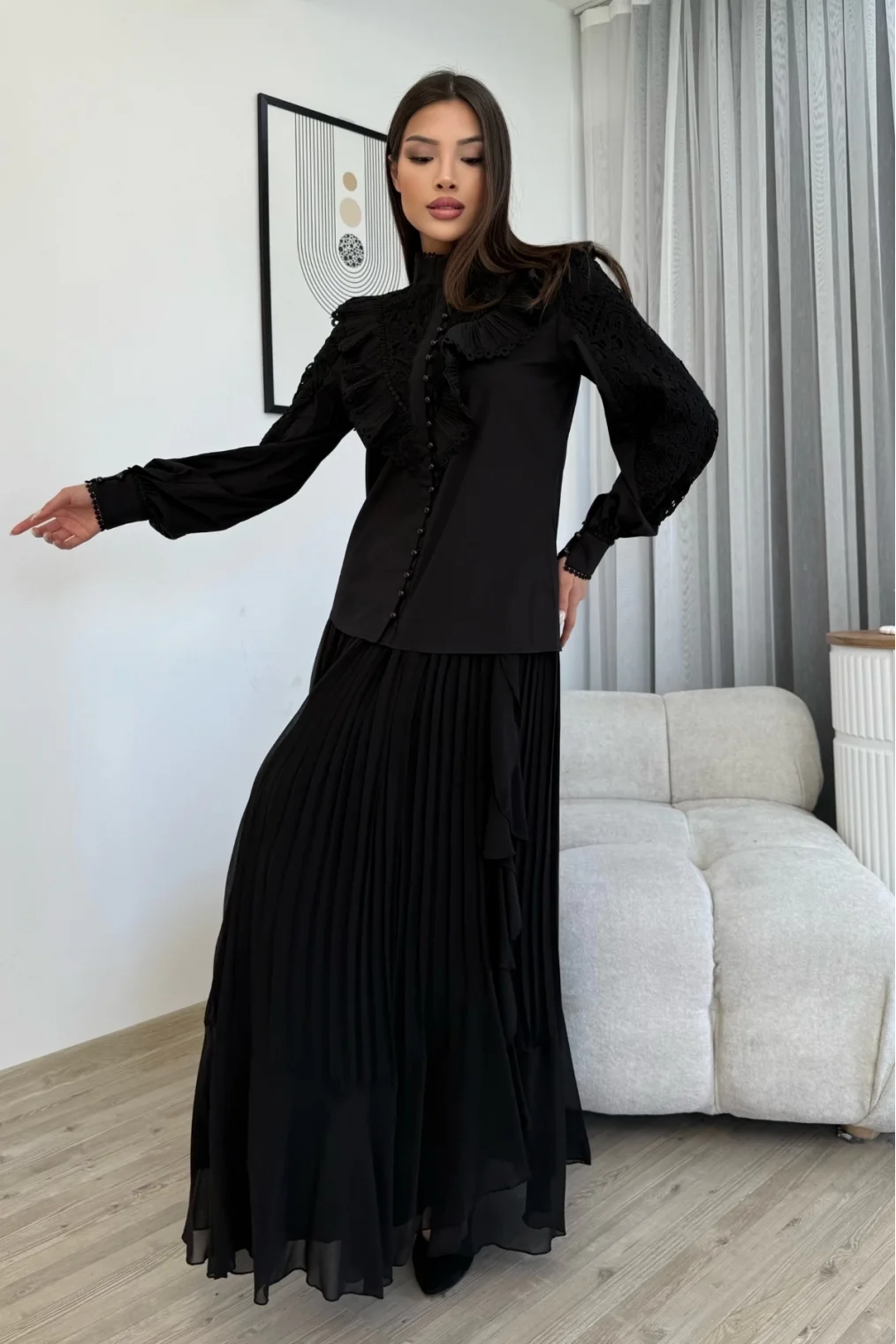 Dantel Detaylı Bluz Pliseli Şifon Etek İkili Takım 4706-Siyah