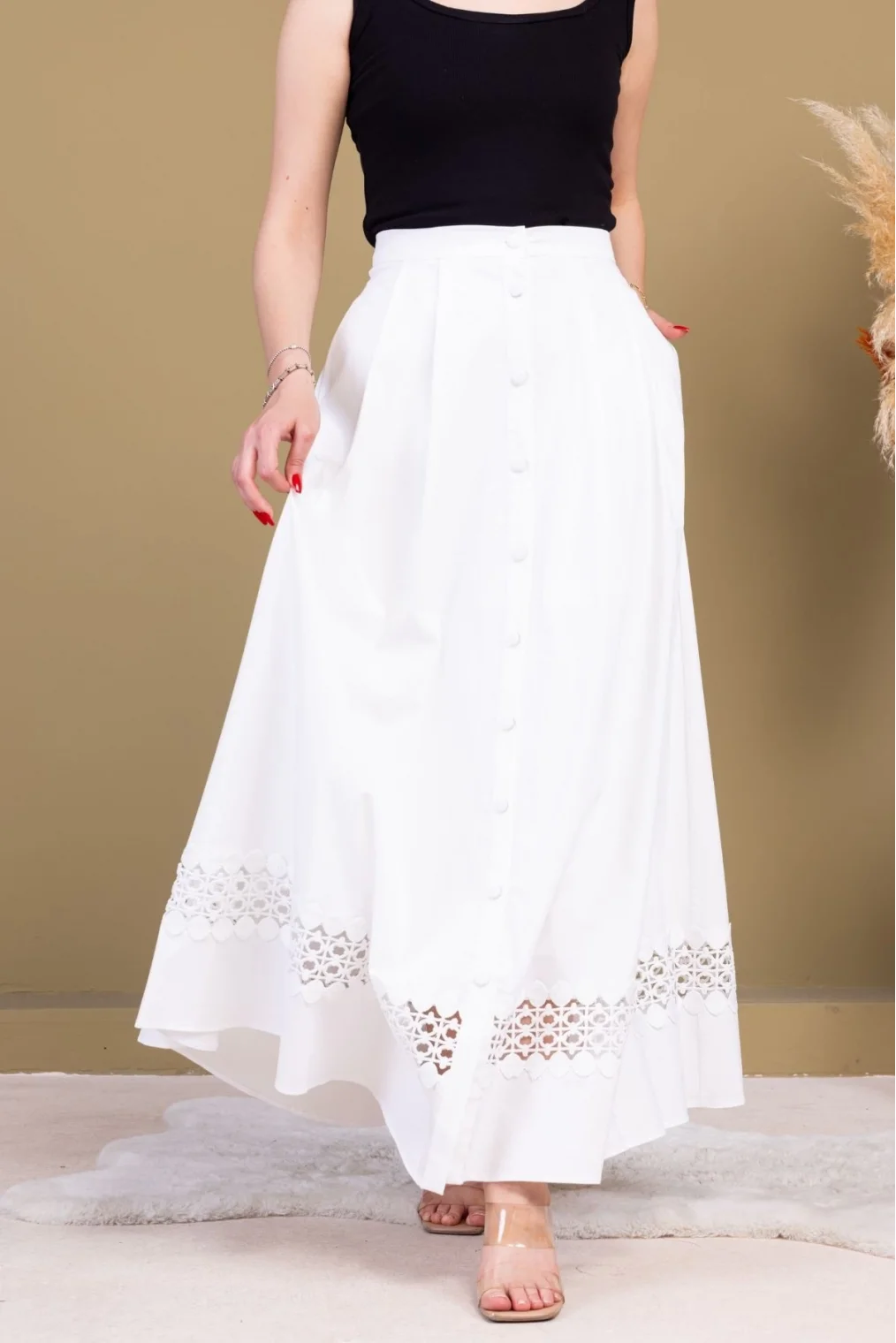 Dantel Detaylı Pileli Pamuk Etek 6025-Beyaz