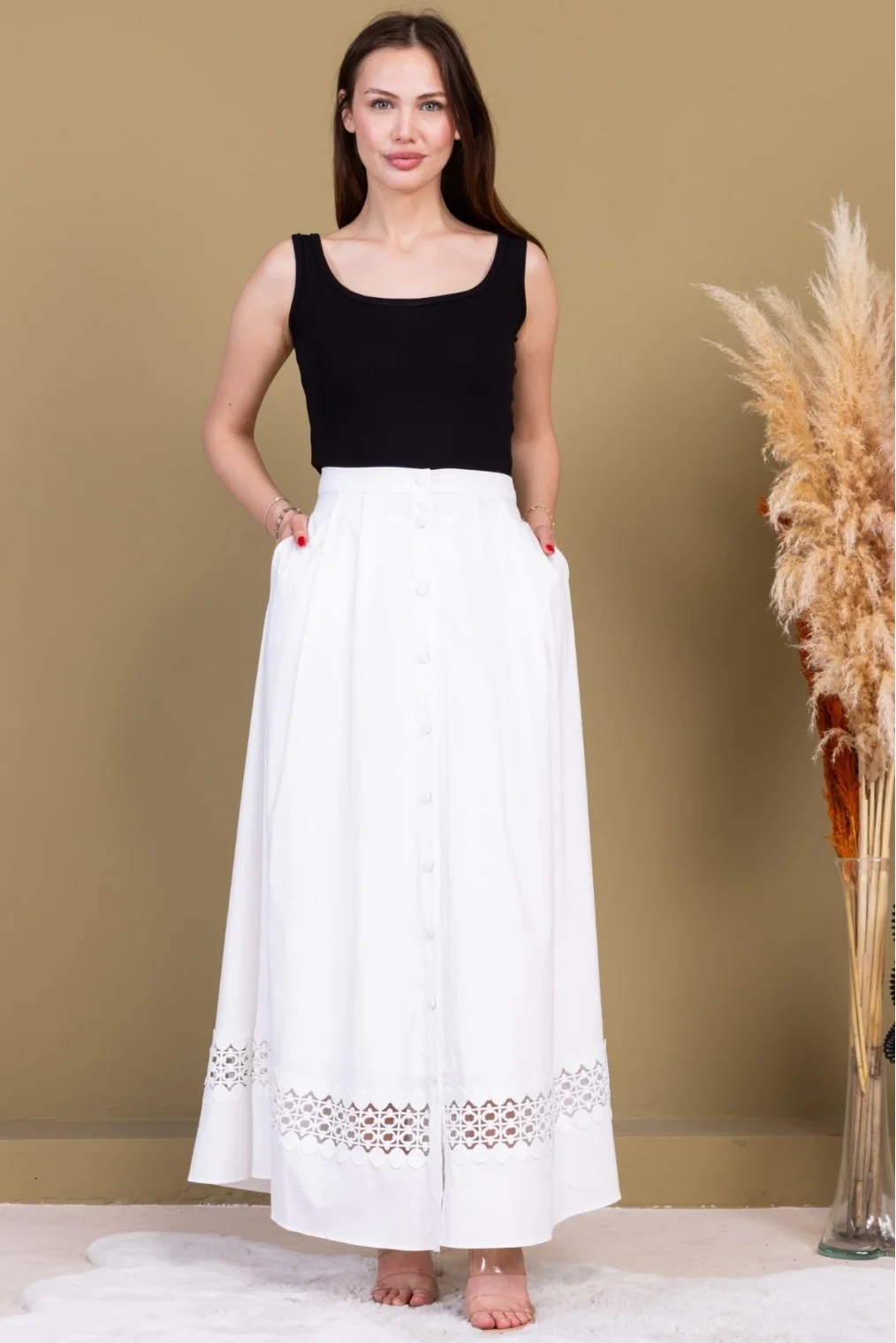 Dantel Detaylı Pileli Pamuk Etek 6025-Beyaz