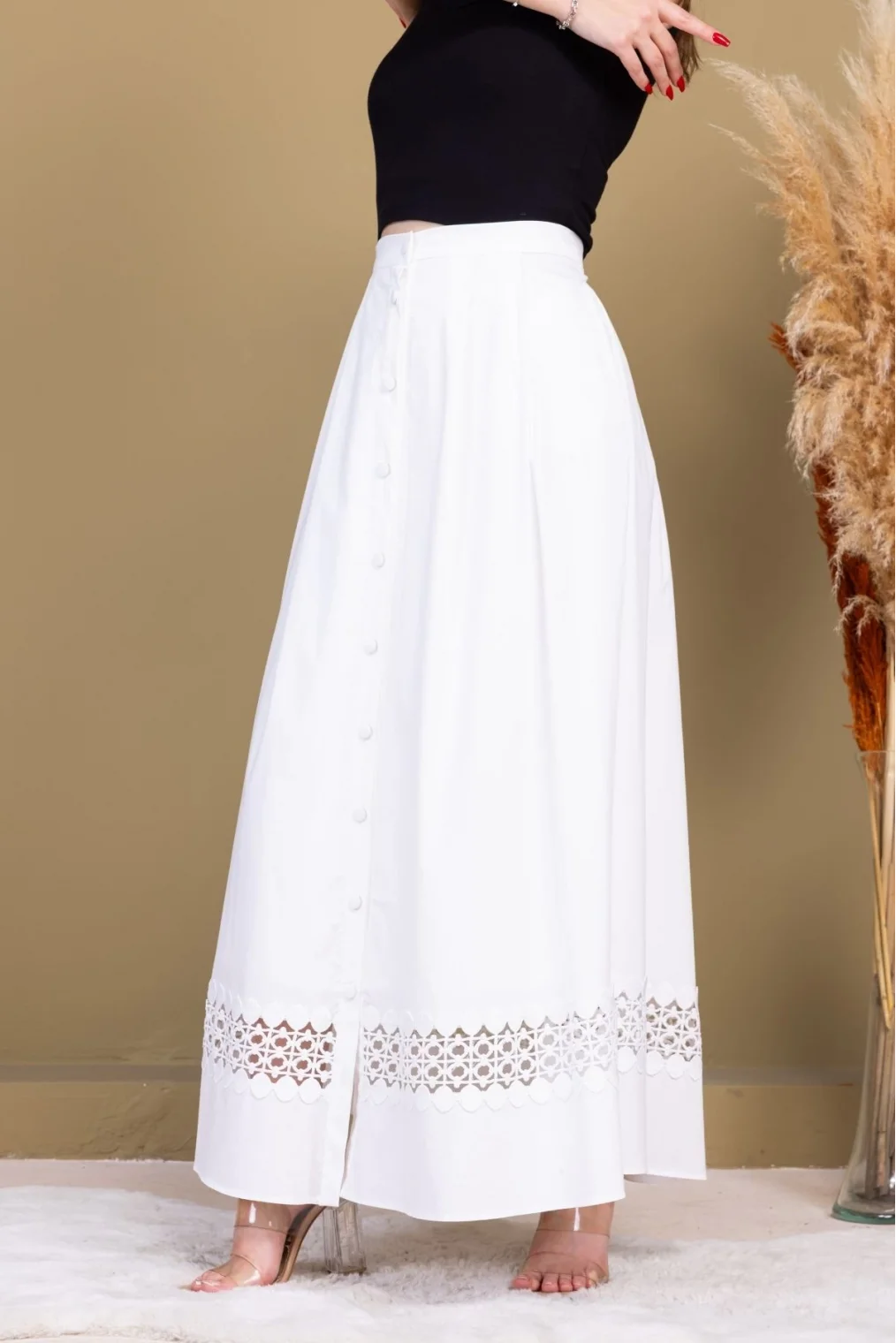 Dantel Detaylı Pileli Pamuk Etek 6025-Beyaz