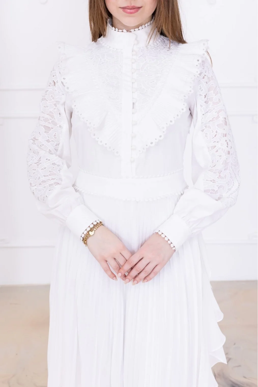 Dantel Detaylı Piliseli Elbise 2727-Beyaz