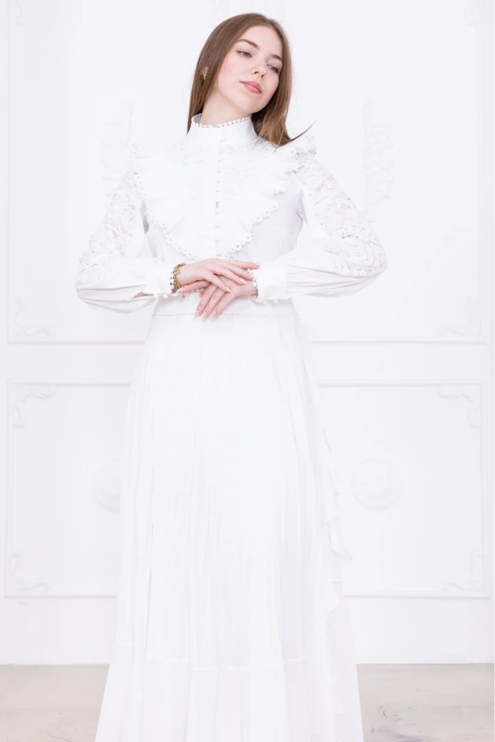 Dantel Detaylı Piliseli Elbise 2727-Beyaz