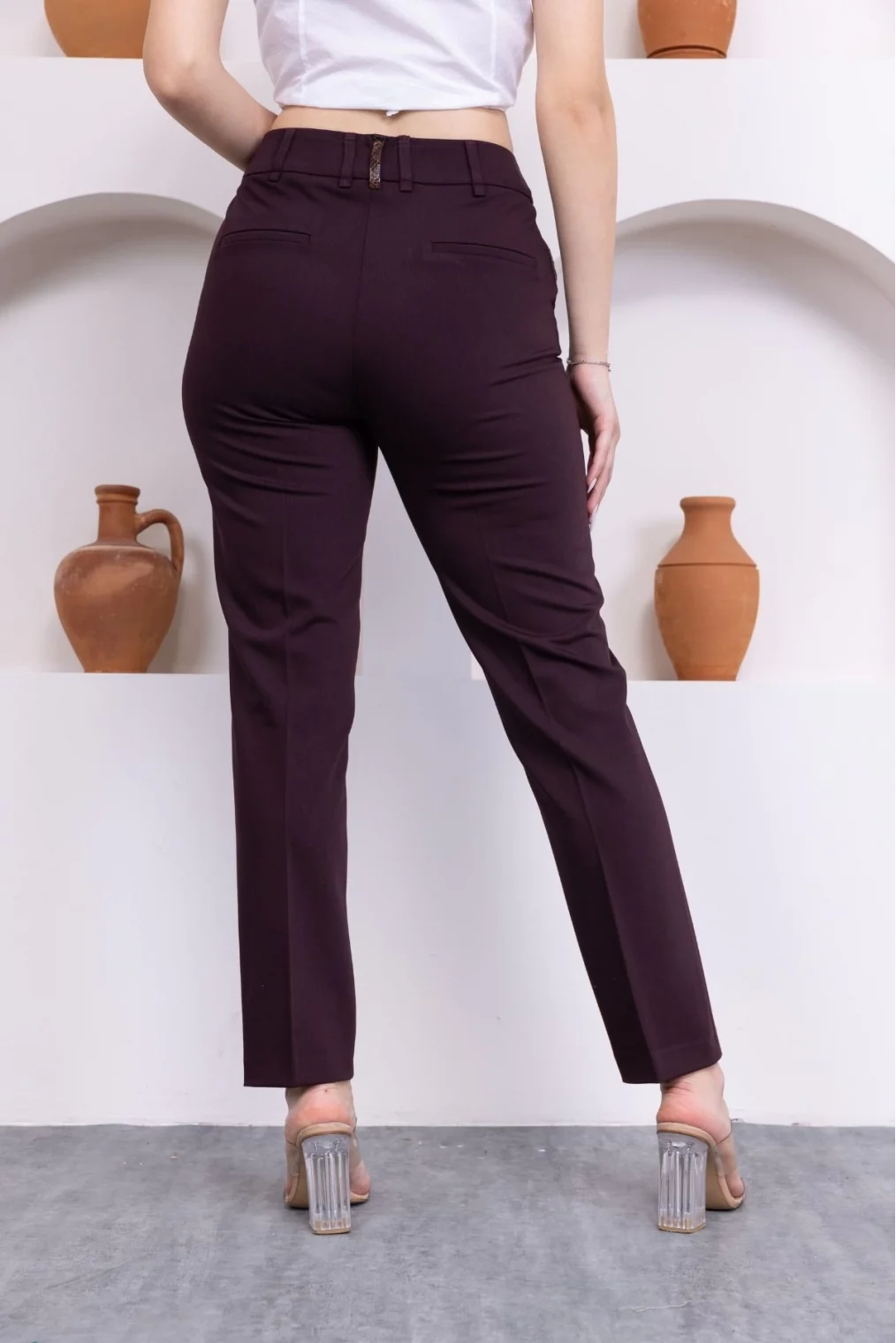 Deri Detaylı Cepli Bilek Boy Pantolon 3146-Mürdüm