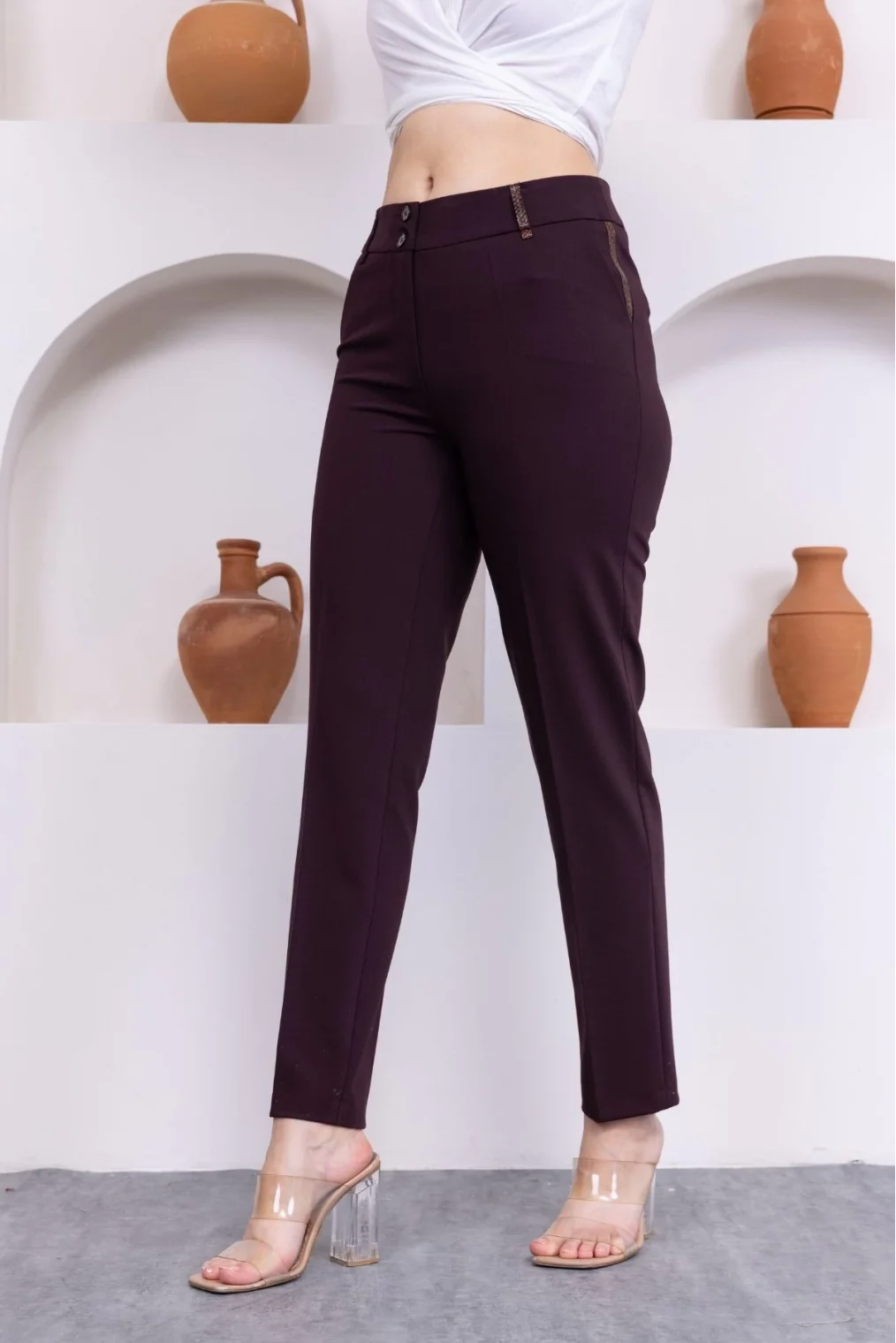 Deri Detaylı Cepli Bilek Boy Pantolon 3146-Mürdüm