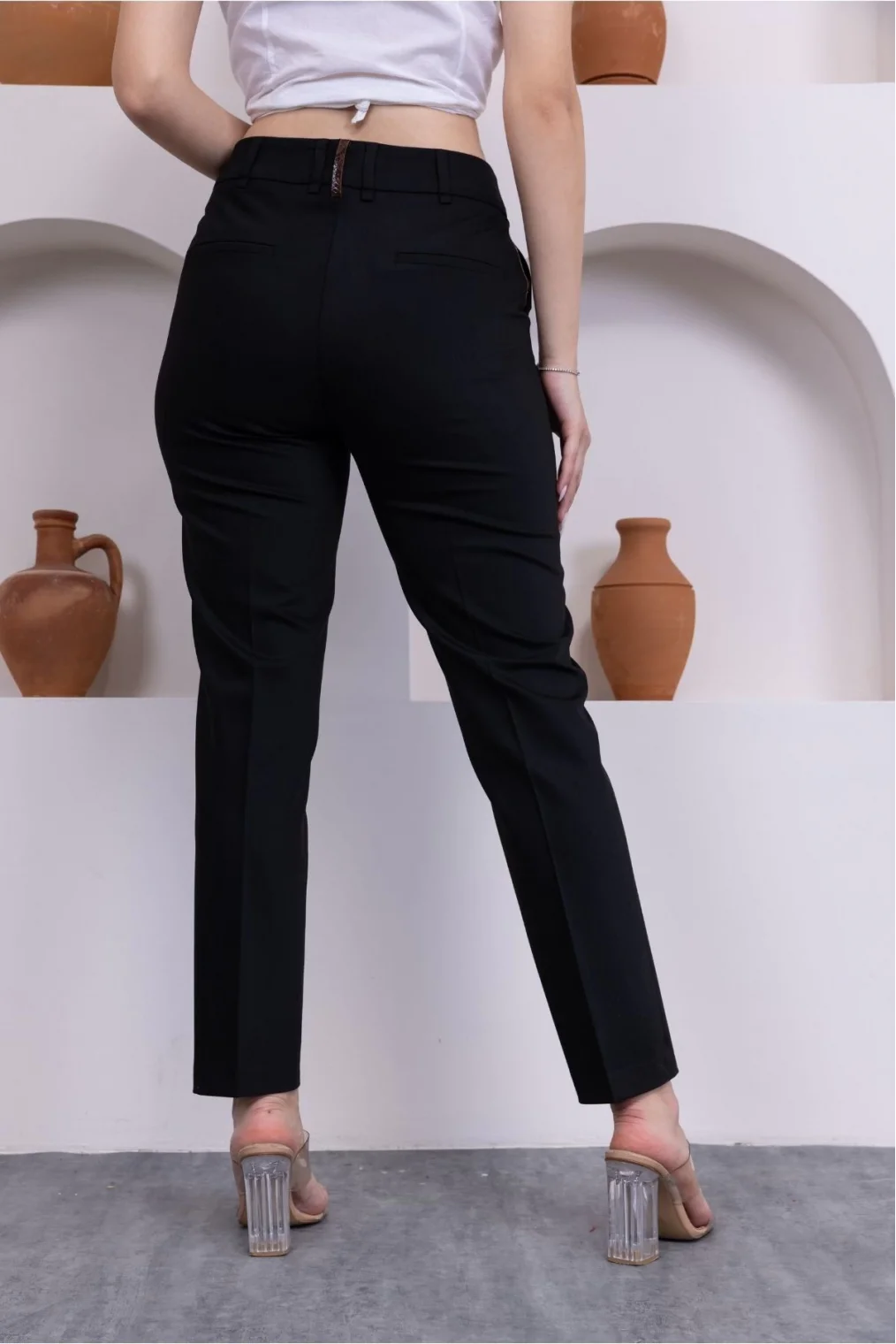 Deri Detaylı Cepli Bilek Boy Pantolon 3146-Siyah