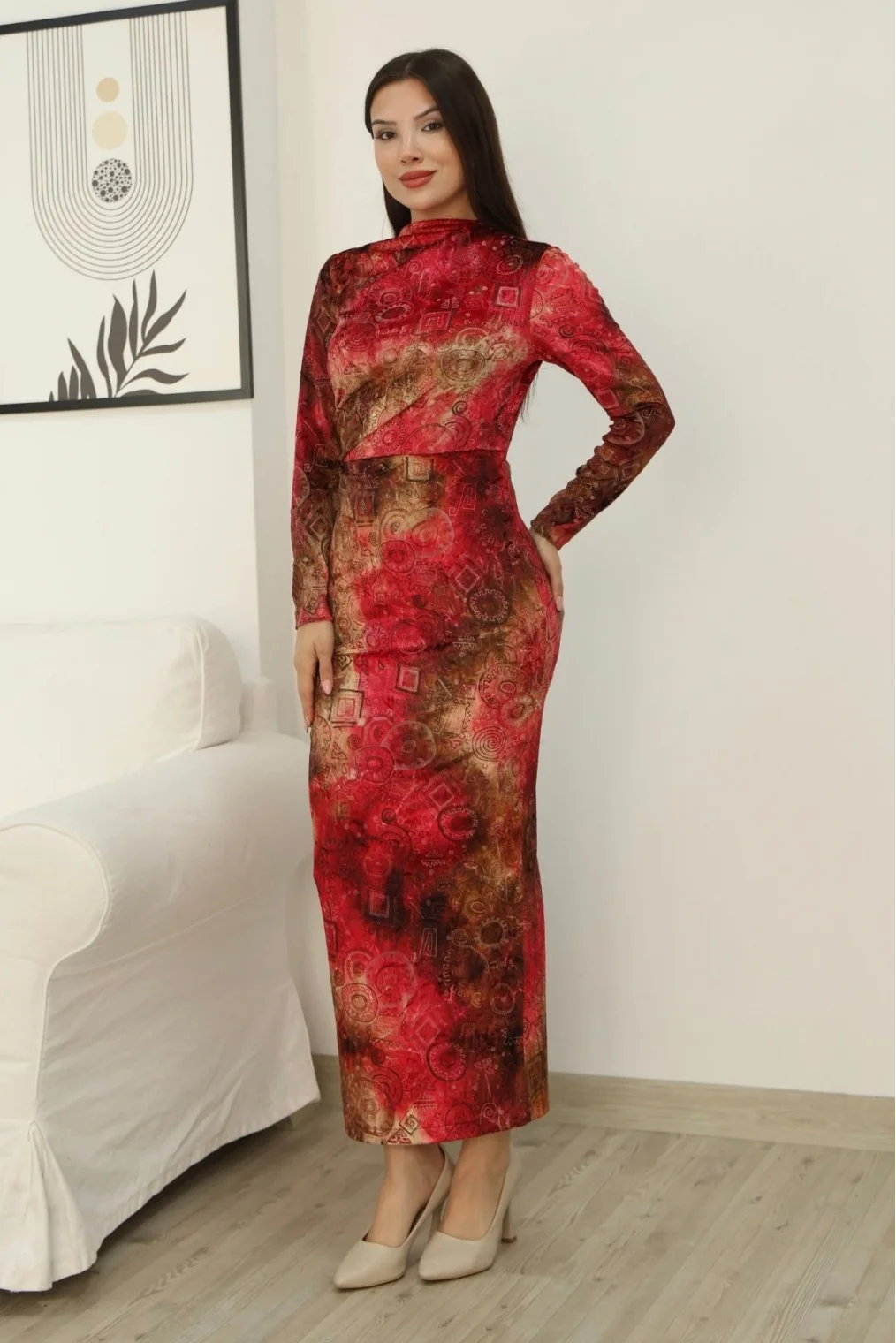 Desenli Büzgü Detaylı Premium Kadife Elbise 6063-Kırmızı