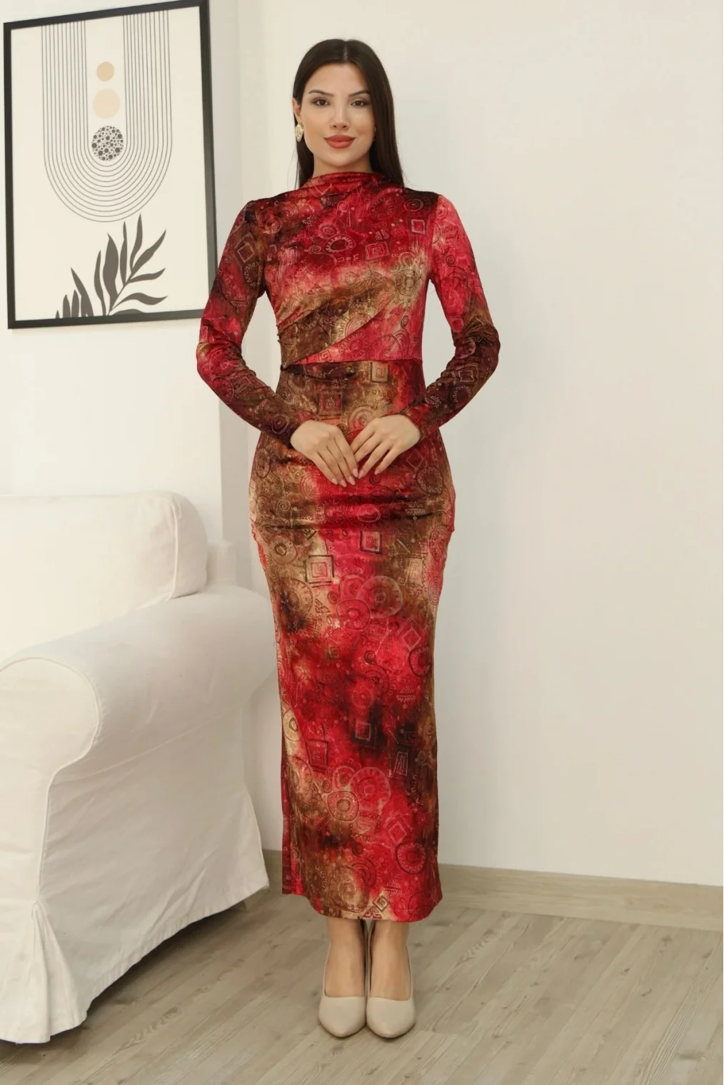 Desenli Büzgü Detaylı Premium Kadife Elbise 6063-Kırmızı