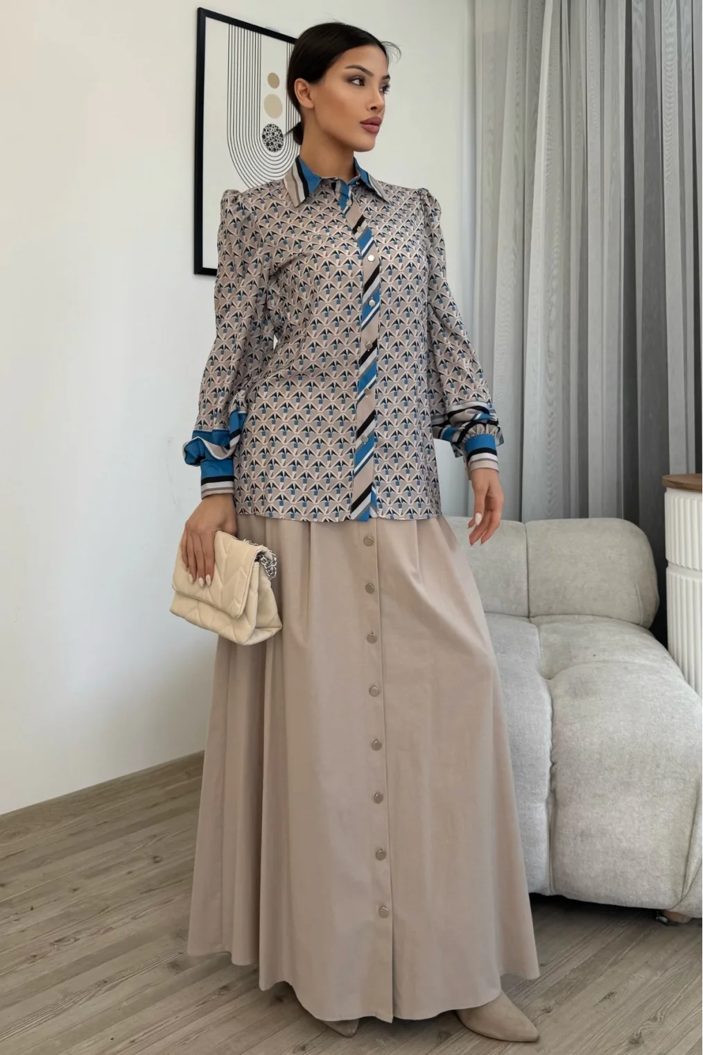 Desenli Gömlek Etek İkili Takım 4701-Bej