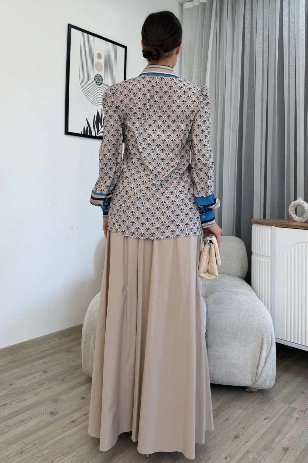 Desenli Gömlek Etek İkili Takım 4701-Bej