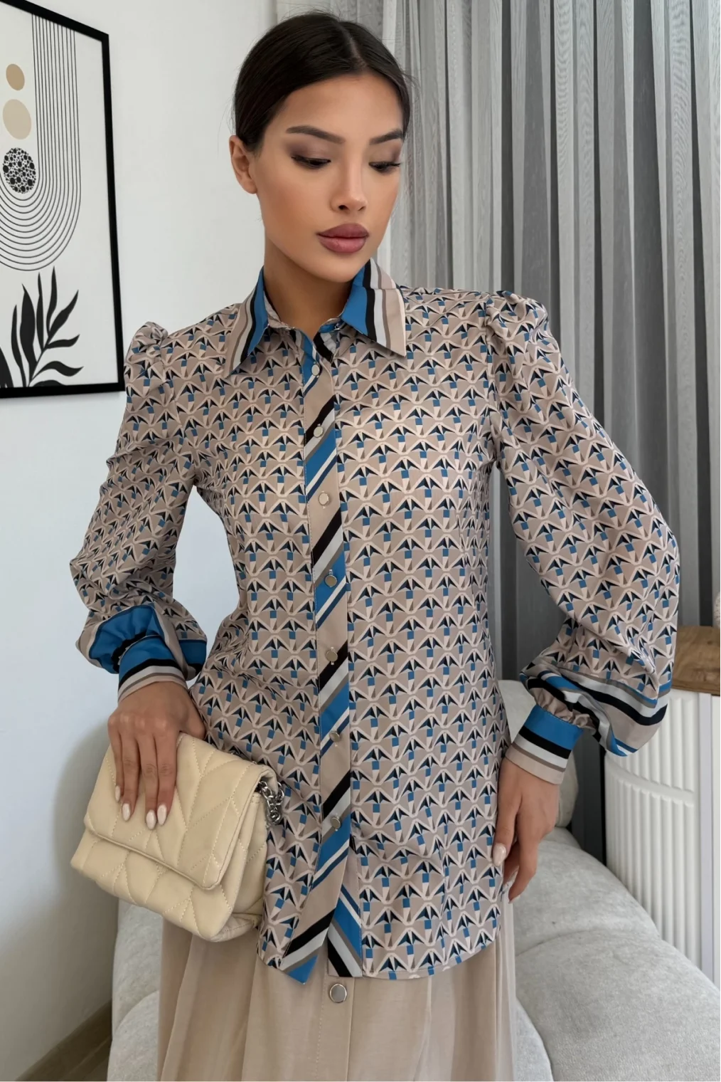 Desenli Gömlek Etek İkili Takım 4701-Bej