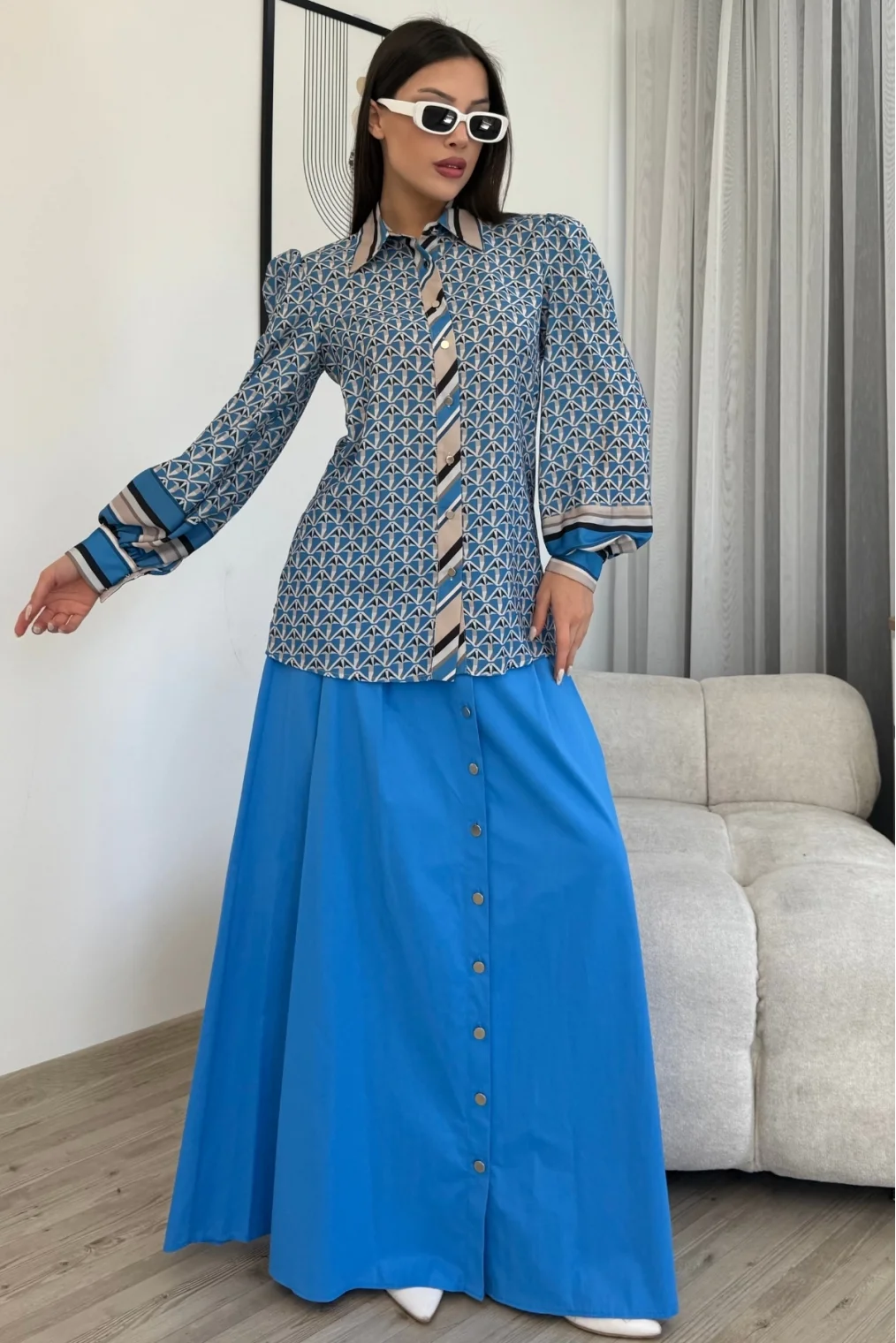 Desenli Gömlek Etek İkili Takım 4701-Mavi