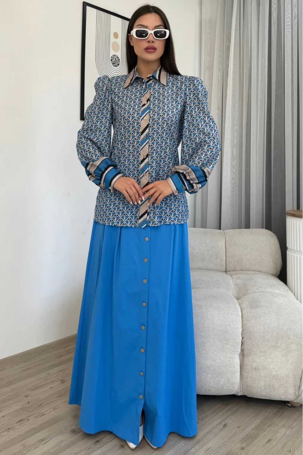 Desenli Gömlek Etek İkili Takım 4701-Mavi