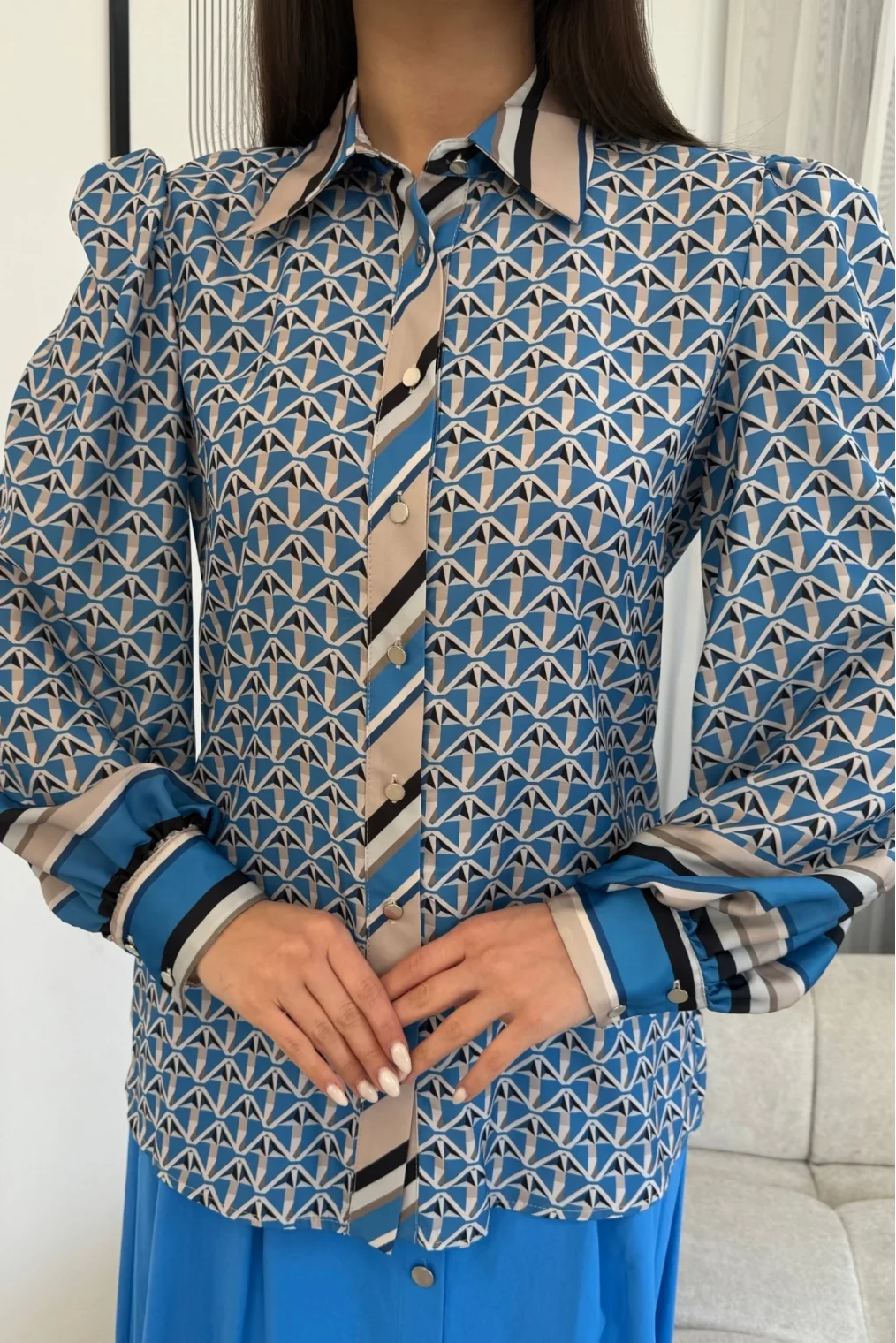 Desenli Gömlek Etek İkili Takım 4701-Mavi