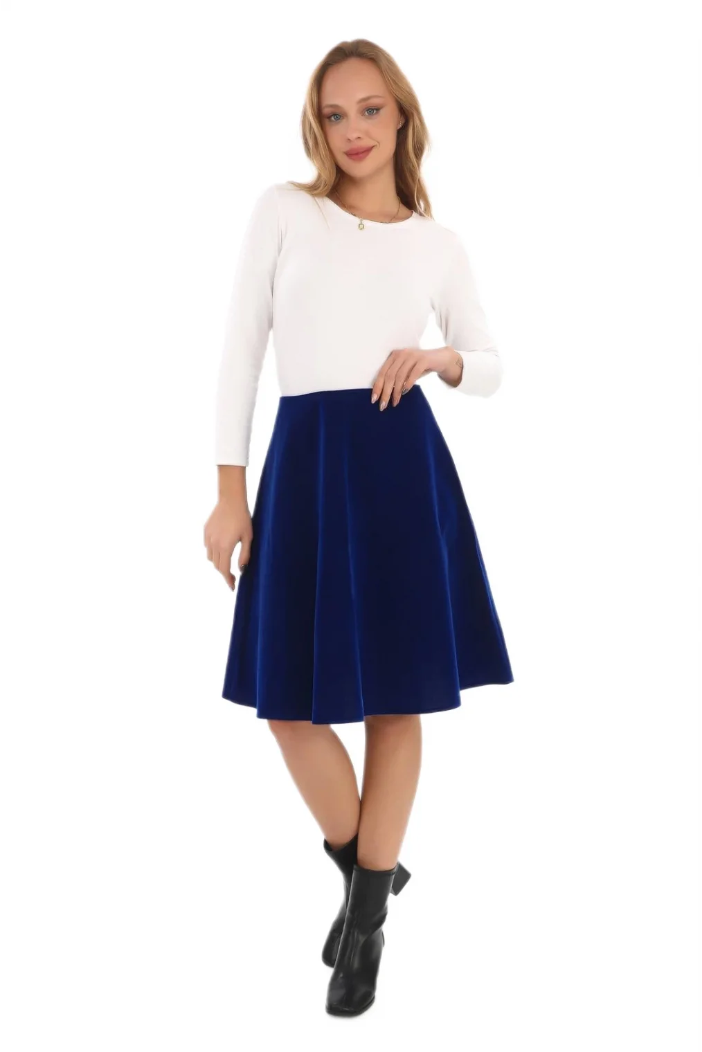 Diz Boyu Kalın Kadife Etek 6009-Saks