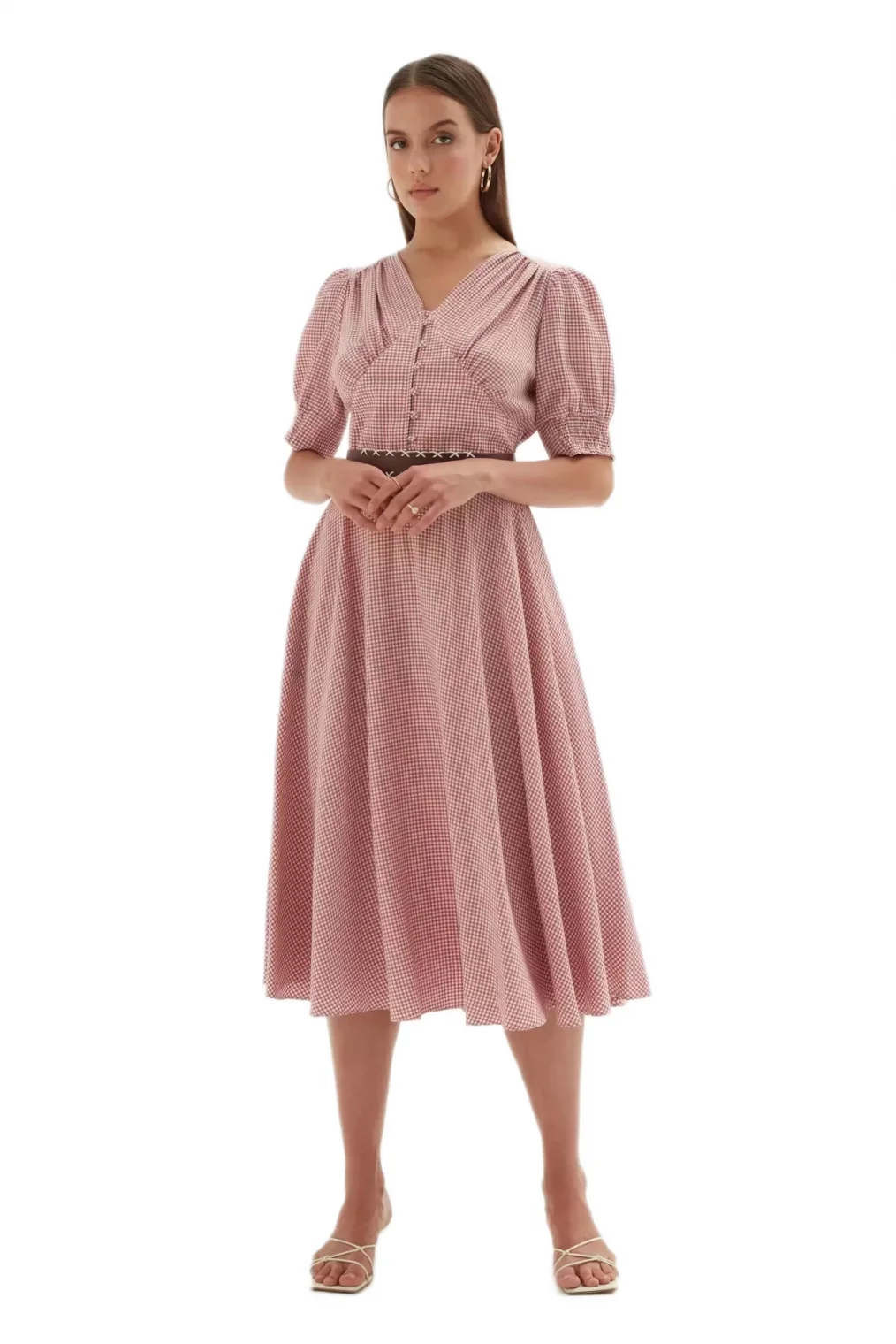 Düğme Detaylı Beli Lastikli Elbise 1777-Gül Kurusu