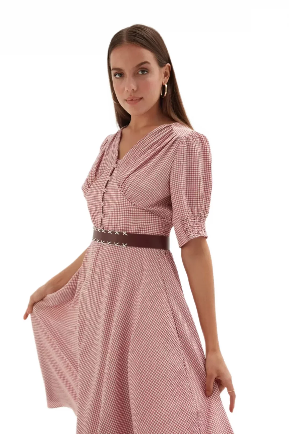 Düğme Detaylı Beli Lastikli Elbise 1777-Gül Kurusu