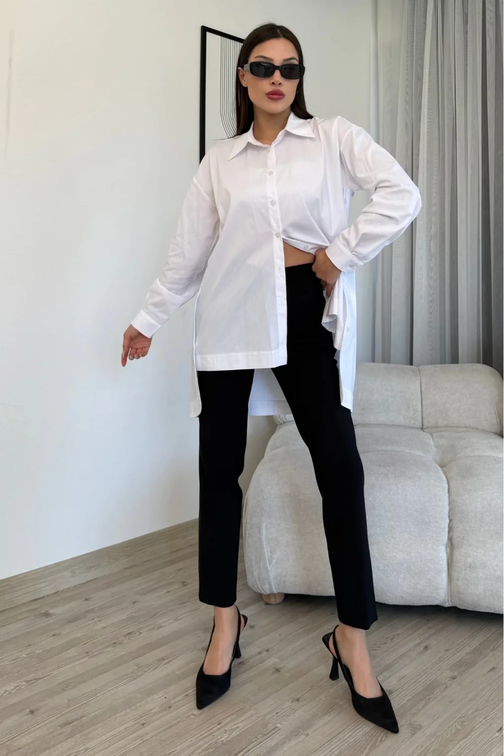 Düğme Detaylı Poplin Gömlek 6014-Beyaz