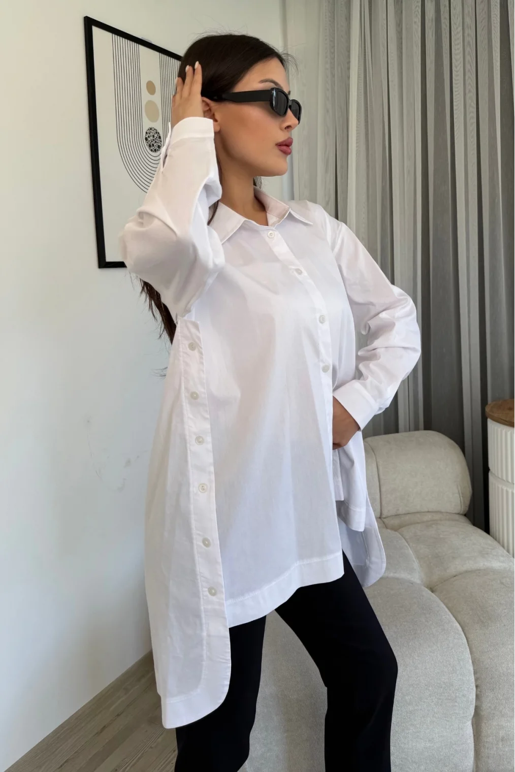 Düğme Detaylı Poplin Gömlek 6014-Beyaz