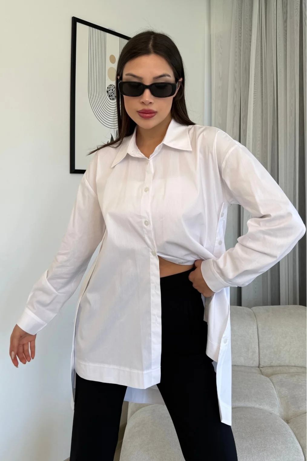 Düğme Detaylı Poplin Gömlek 6014-Beyaz