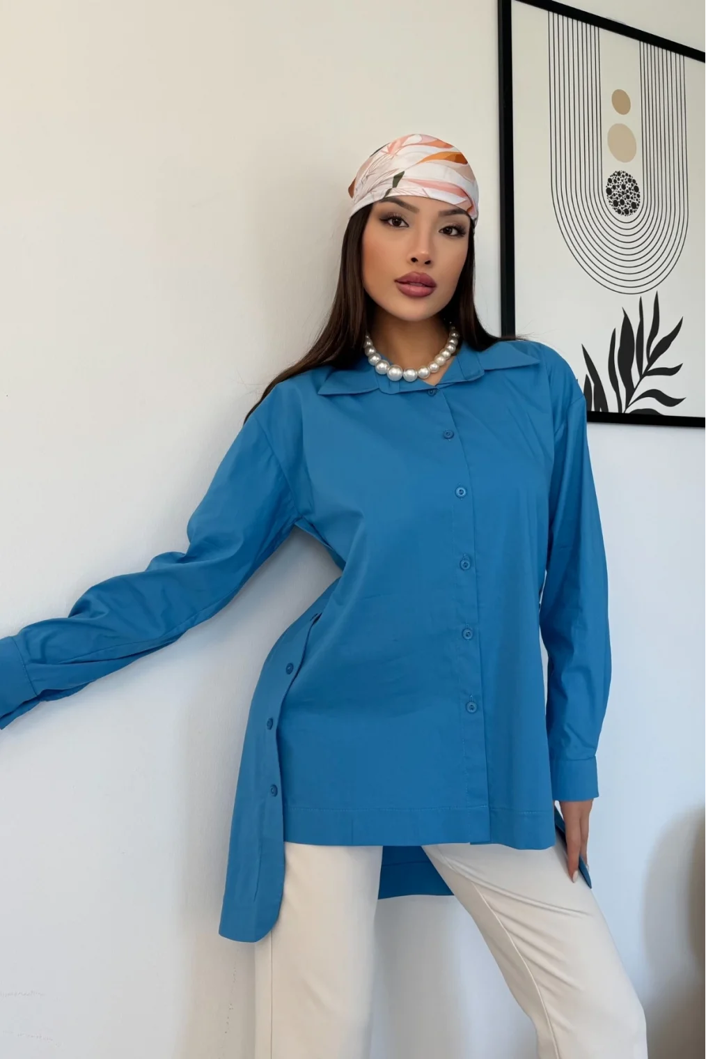 Düğme Detaylı Poplin Gömlek 6014-Mavi