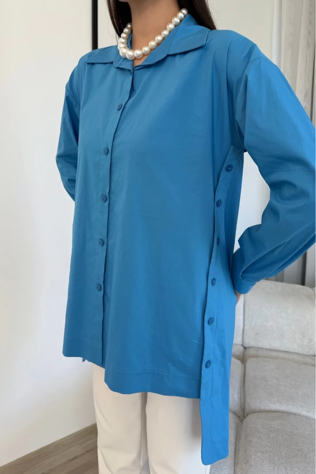 Düğme Detaylı Poplin Gömlek 6014-Mavi