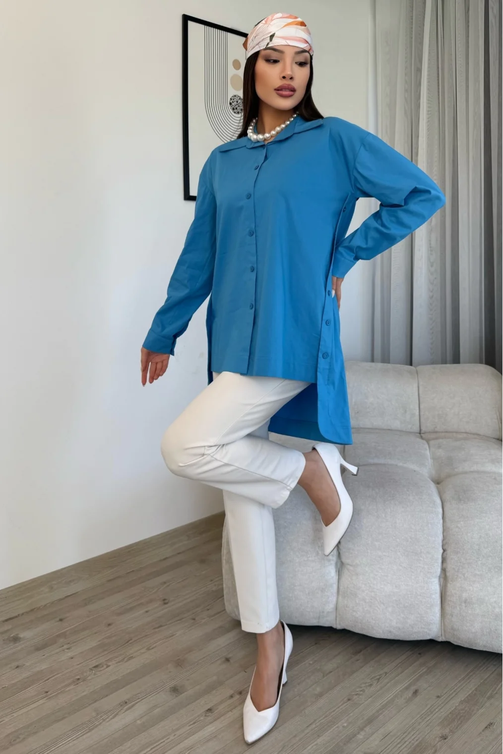 Düğme Detaylı Poplin Gömlek 6014-Mavi