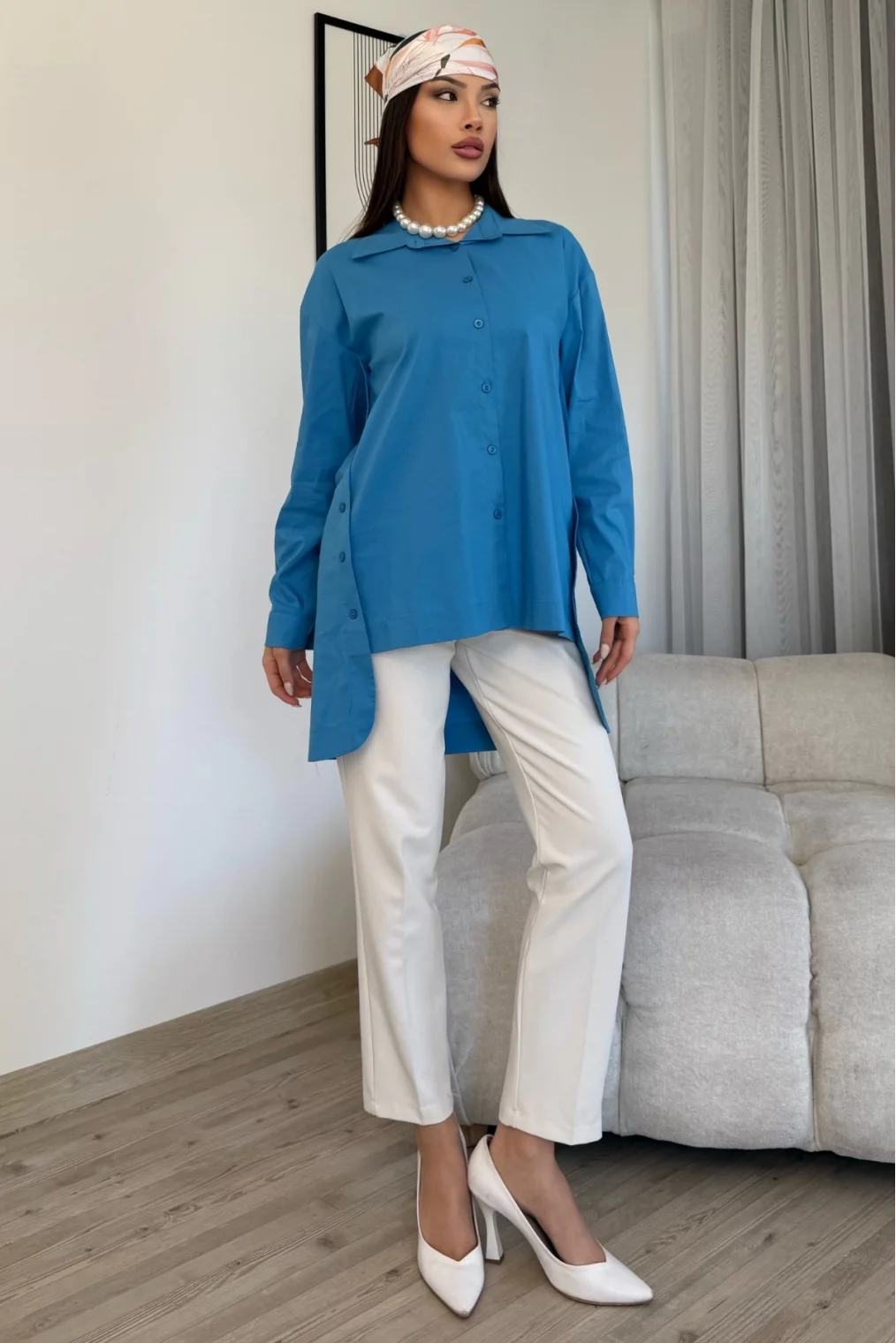 Düğme Detaylı Poplin Gömlek 6014-Mavi