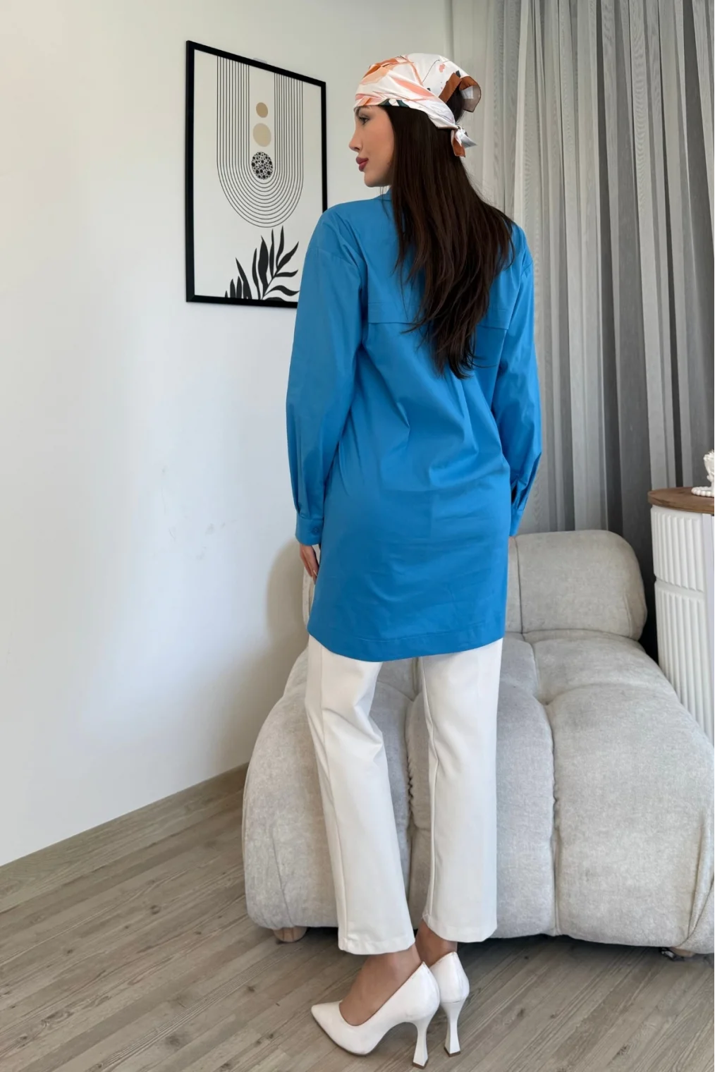 Düğme Detaylı Poplin Gömlek 6014-Mavi