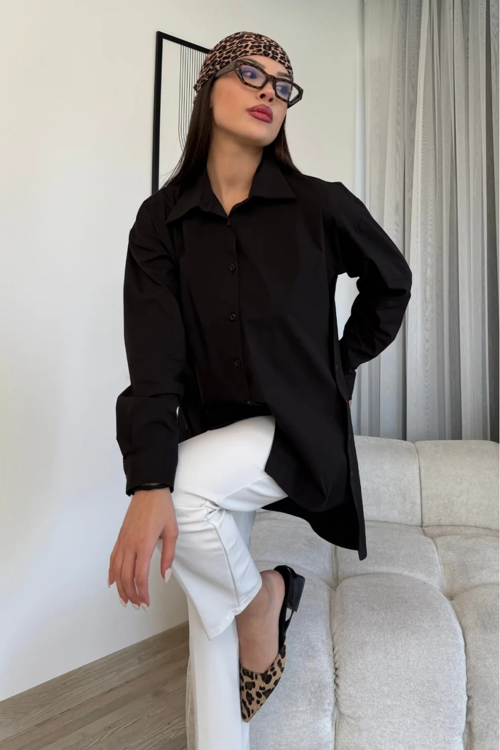 Düğme Detaylı Poplin Gömlek 6014-Siyah