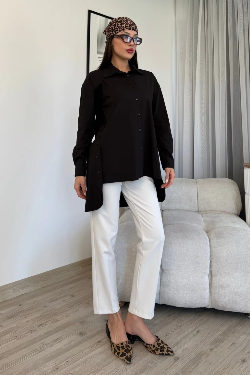 Düğme Detaylı Poplin Gömlek 6014-Siyah