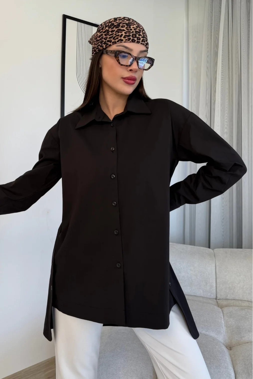 Düğme Detaylı Poplin Gömlek 6014-Siyah