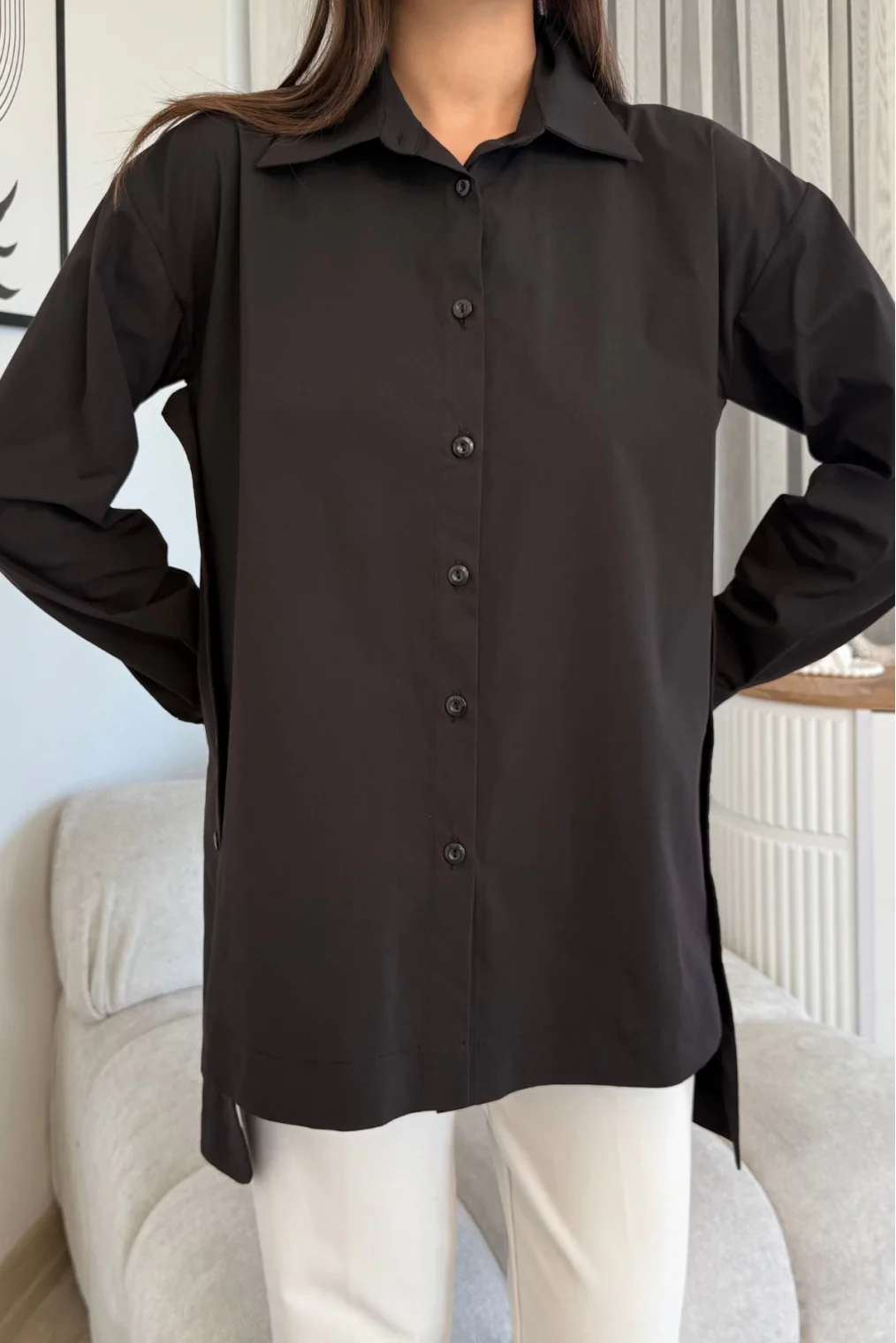 Düğme Detaylı Poplin Gömlek 6014-Siyah