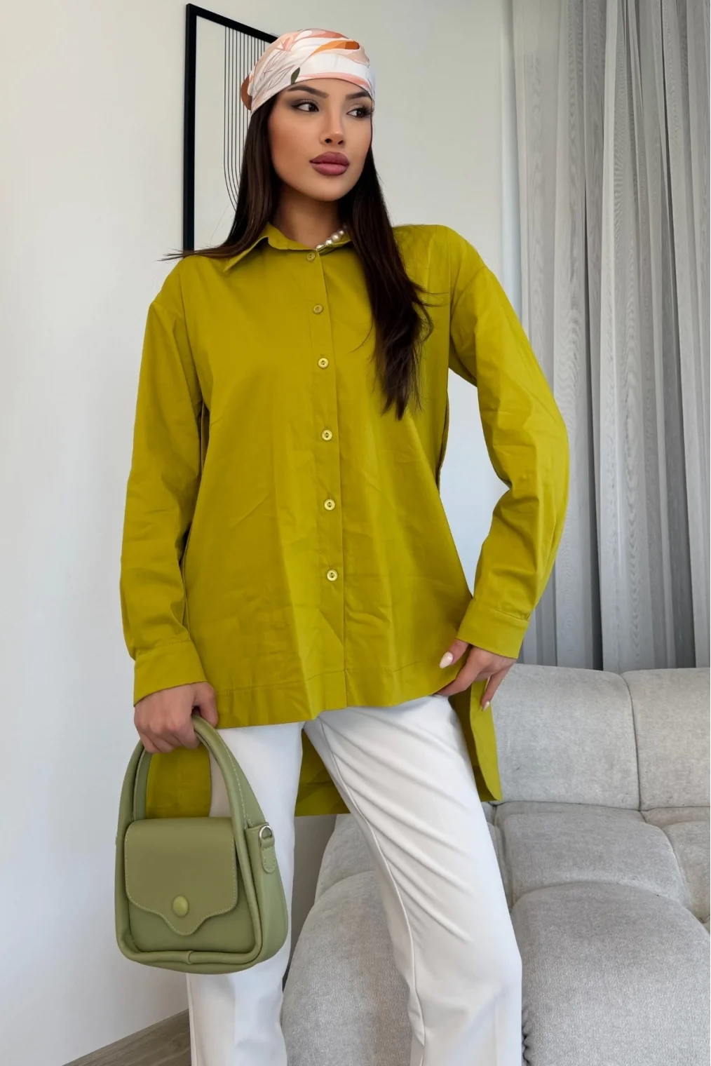 Düğme Detaylı Poplin Gömlek 6014-Yeşil