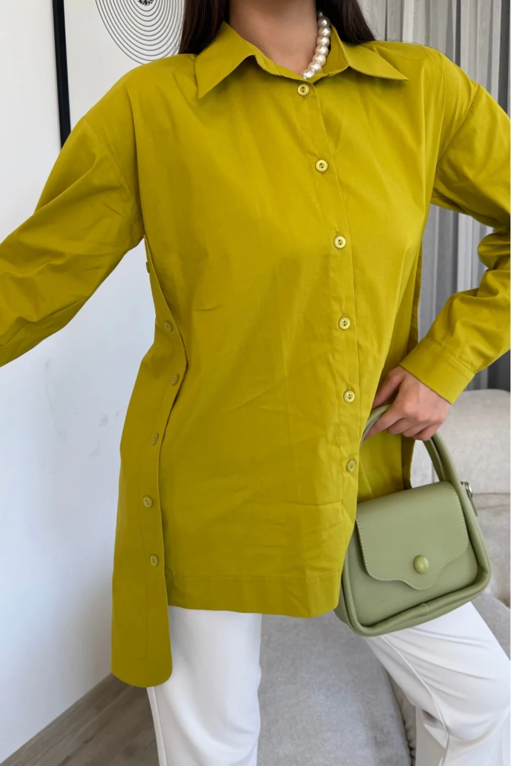 Düğme Detaylı Poplin Gömlek 6014-Yeşil