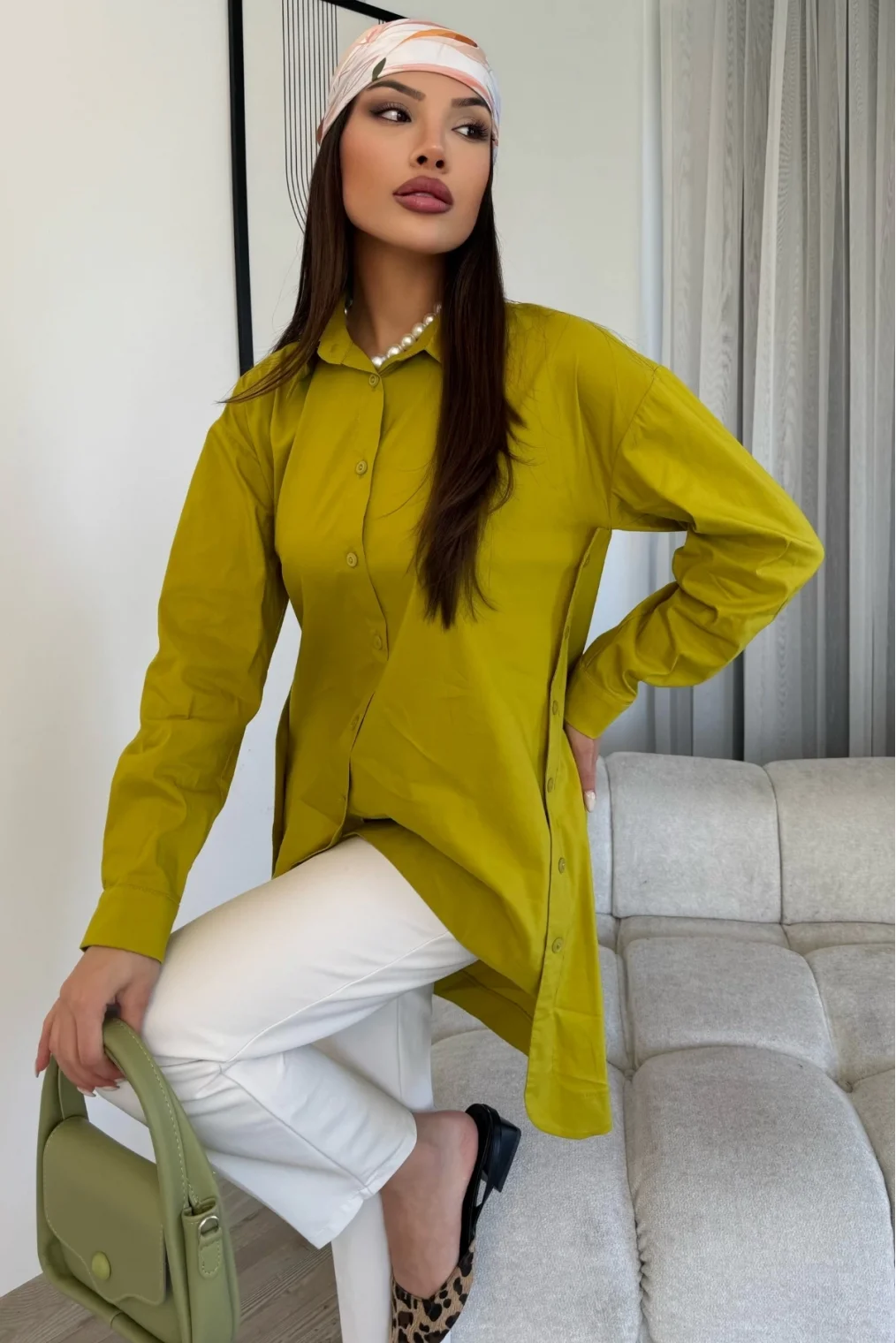 Düğme Detaylı Poplin Gömlek 6014-Yeşil