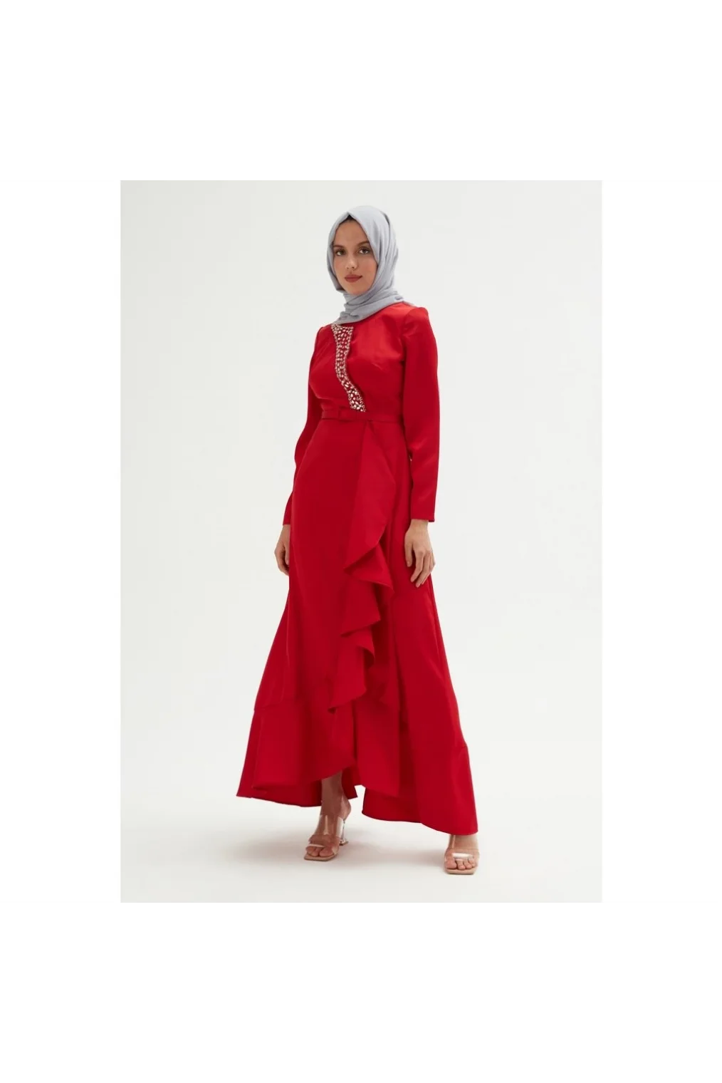 El İşlemeli Saten Elbise 693-Kırmızı