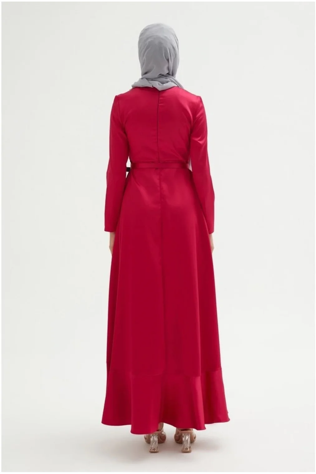 El İşlemeli Saten Elbise 693-Kırmızı